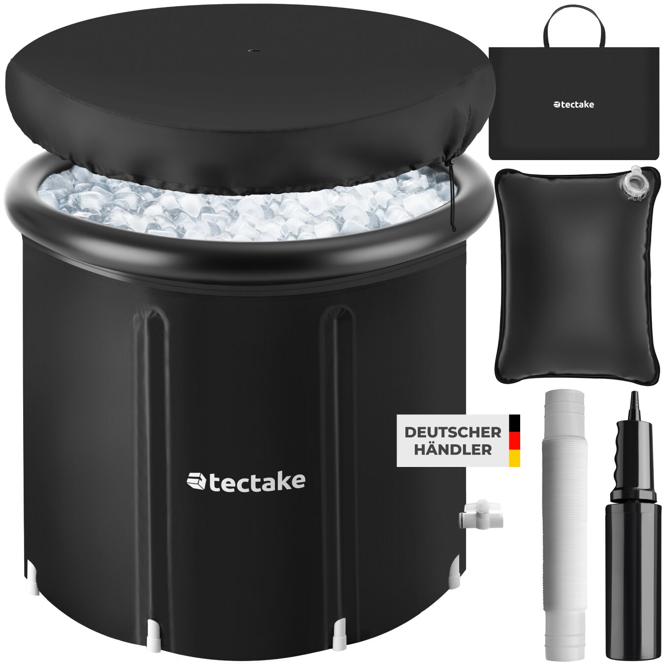tectake&reg; Eisbadetonne, faltbar, mit 3-facher Isolierung, zentraler Wasserablass und Ablaufhahn, inkl. Tragetasche, Pumpe und Wasserkissen 