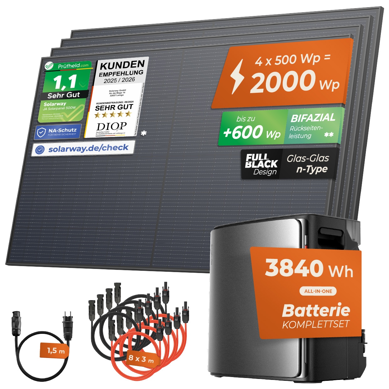 Solarway&reg; Balkonkraftwerk 2000Wp / 800W mit 3,8 kWh EcoFlow STREAM Ultra X Speicher &ndash; Komplettset mit 500W Solarmodulen, Wechselrichter & Zubeh&ouml;r &ndash; steckerfertige Mini-Solaranlage f&uuml;r die Steckdose 