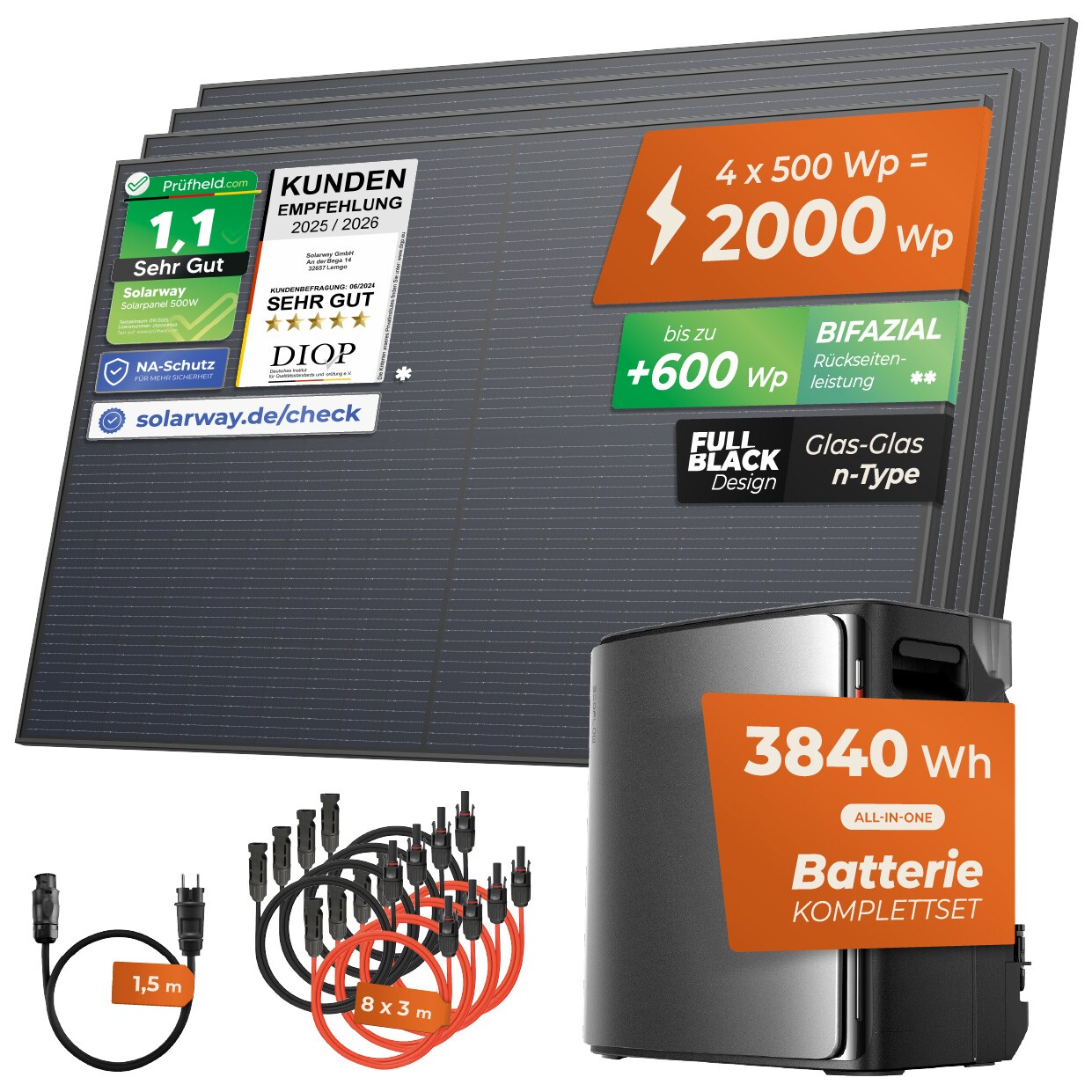 ® Balkonkraftwerk 2000Wp / 800W mit 3,8 kWh EcoFlow STREAM Ultra X Speicher – Komplettset mit 500W Solarmodulen, Wechselrichter & Zubehör – steckerfertige Mini-Solaranlage für die Steckdose