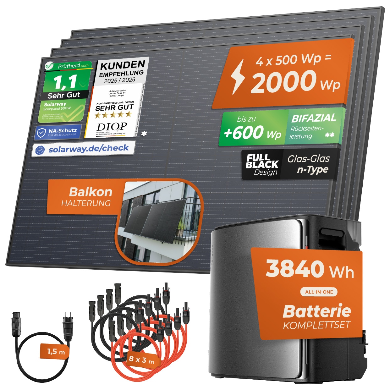 Solarway&reg; Balkonkraftwerk 2000Wp / 800W mit 3,8 kWh EcoFlow STREAM Ultra X Speicher &ndash; Komplettset mit 500W Solarmodulen, Wechselrichter & Zubeh&ouml;r &ndash; steckerfertige Mini-Solaranlage f&uuml;r die Steckdose 