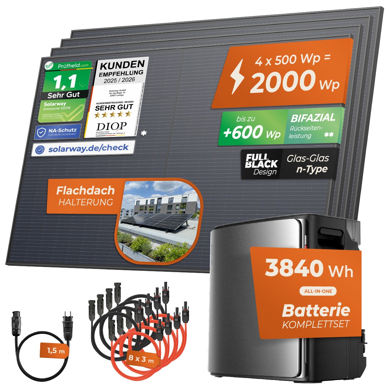 ® Balkonkraftwerk 2000Wp / 800W mit 3,8 kWh EcoFlow STREAM Ultra X Speicher – Komplettset mit 500W Solarmodulen, Wechselrichter & Zubehör – steckerfertige Mini-Solaranlage für die Steckdose