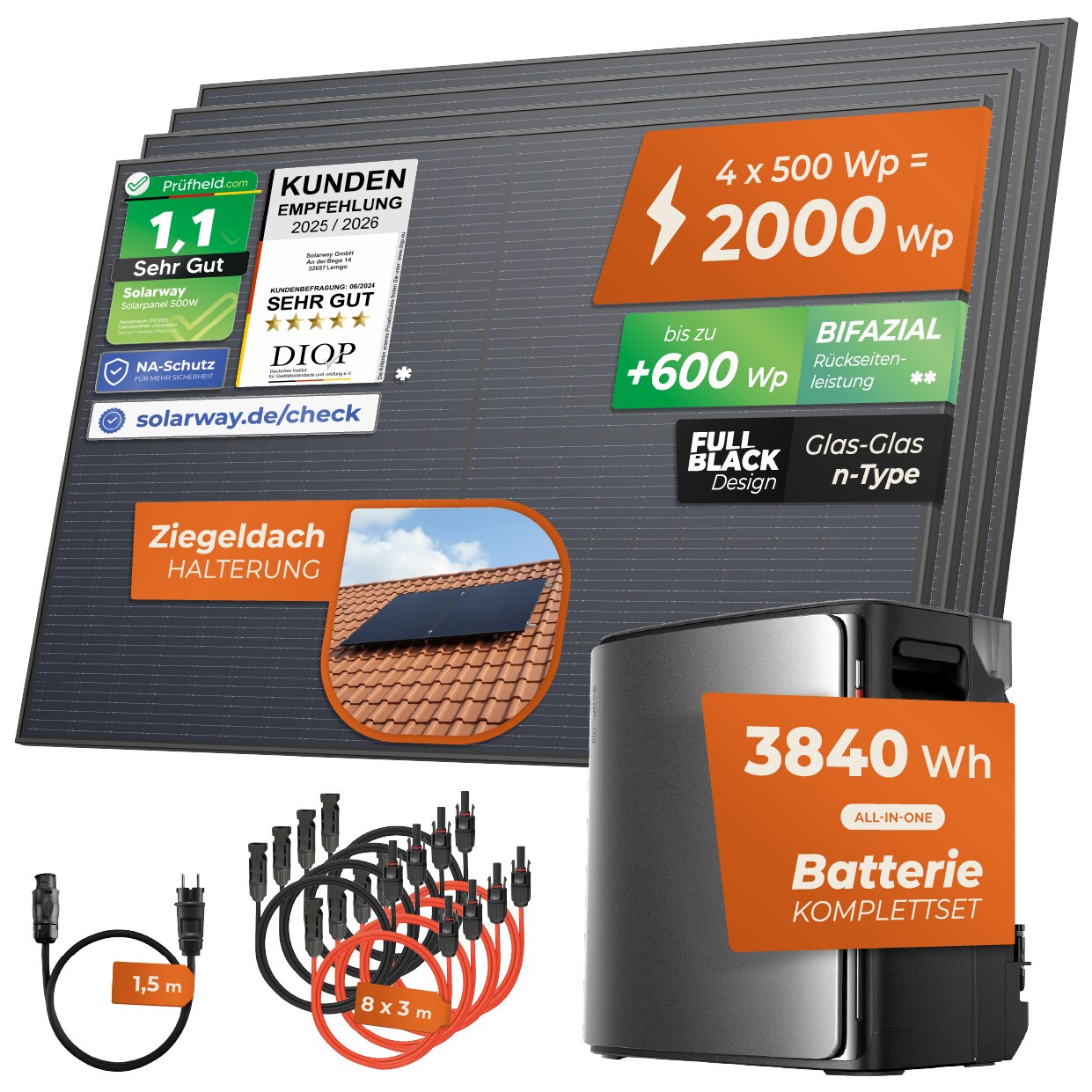 ® Balkonkraftwerk 2000Wp / 800W mit 3,8 kWh EcoFlow STREAM Ultra X Speicher – Komplettset mit 500W Solarmodulen, Wechselrichter & Zubehör – steckerfertige Mini-Solaranlage für die Steckdose