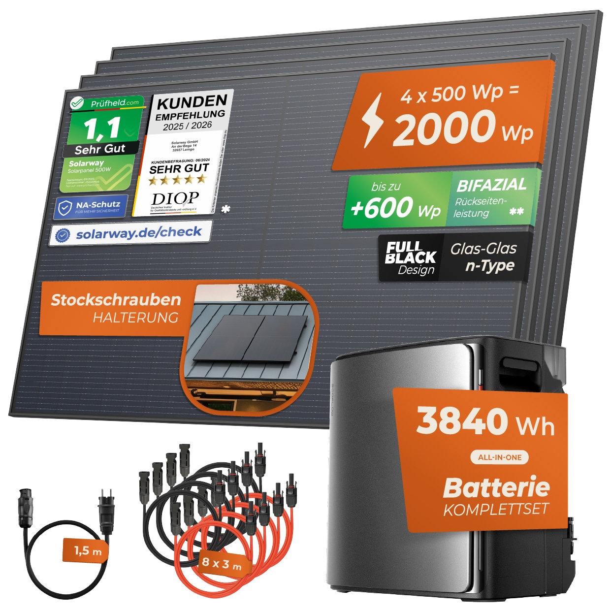 Solarway&reg; Balkonkraftwerk 2000Wp / 800W mit 3,8 kWh EcoFlow STREAM Ultra X Speicher &ndash; Komplettset mit 500W Solarmodulen, Wechselrichter & Zubeh&ouml;r &ndash; steckerfertige Mini-Solaranlage f&uuml;r die Steckdose 