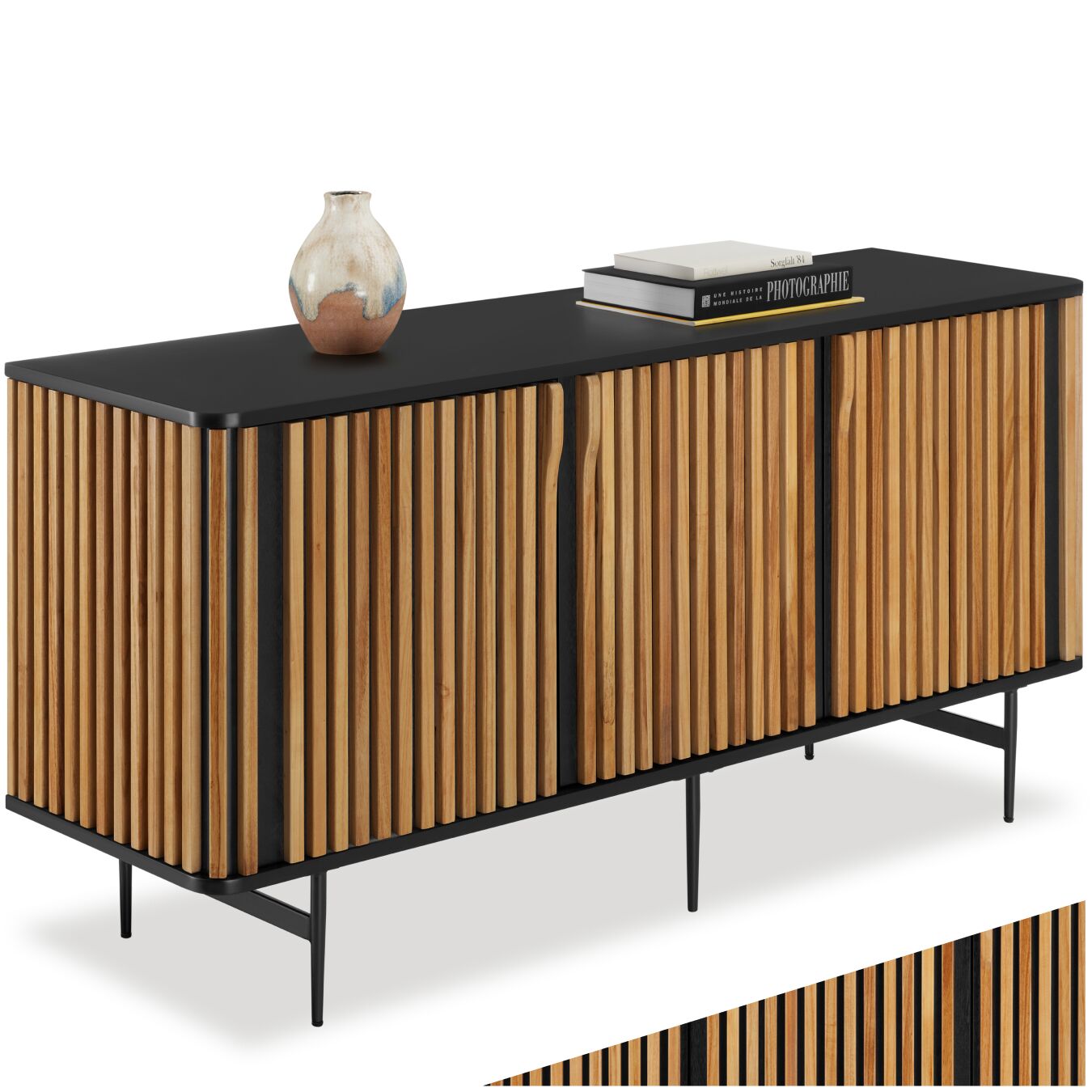 tectake&reg; Sideboard, Holzkorpus mit Lamellendesign, integrierte ergonomische Griffe, 156 x 45,5 x 74 cm, h&ouml;henverstellbare F&uuml;&szlig;e 