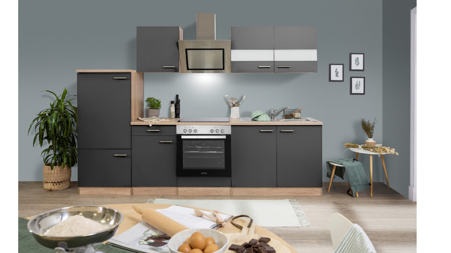 Respekta K&uuml;chenzeile ca 270 cm mit K&uuml;hl-/Gefrierkombi -versch. Ausf&uuml;hrungen - grau 