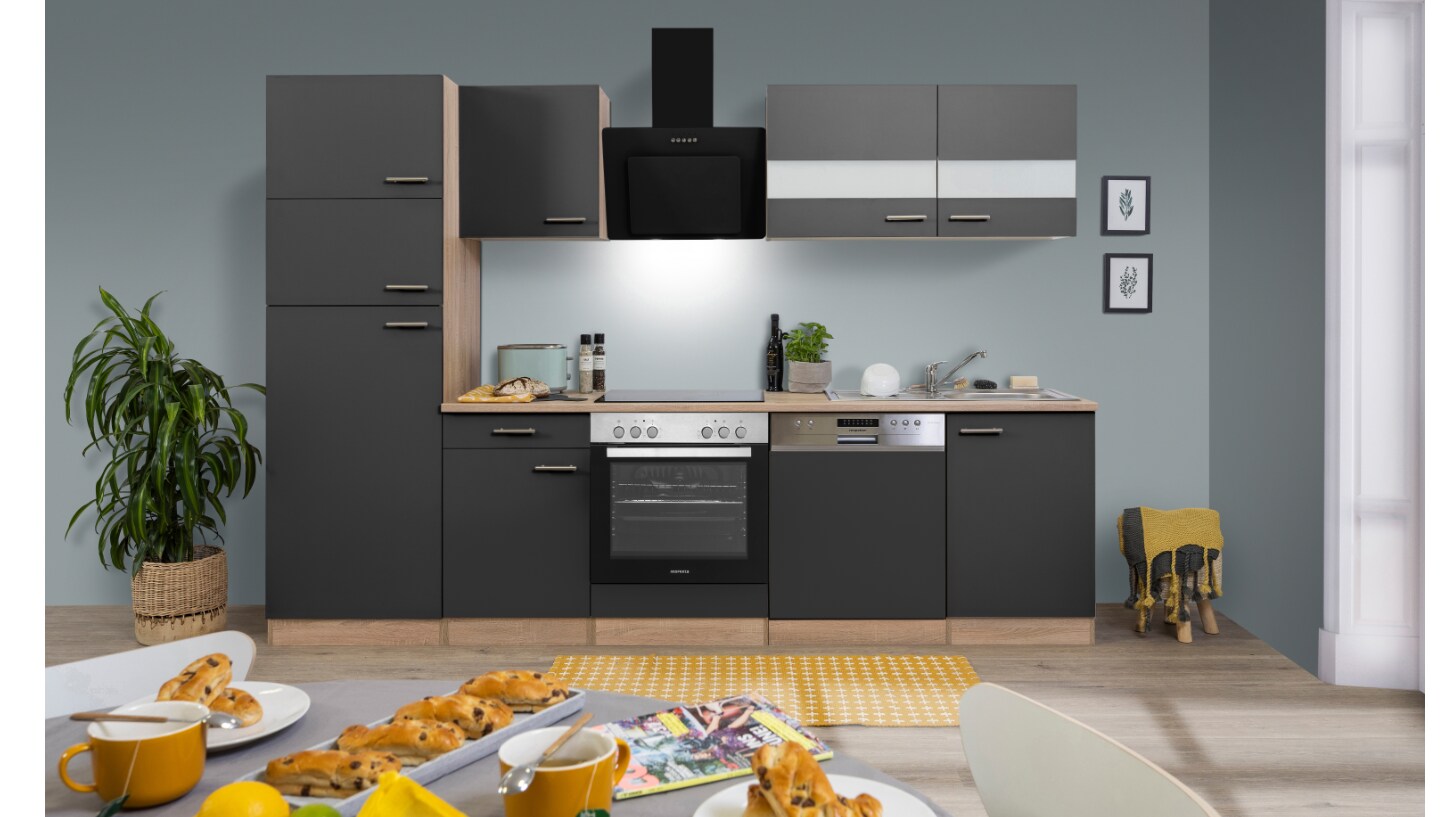 Respekta K&uuml;chenzeile ca 280 cm mit K&uuml;hl-/ Gefrierkombi und Geschirrsp&uuml;ler - versch. Ausf&uuml;hrungen - grau 