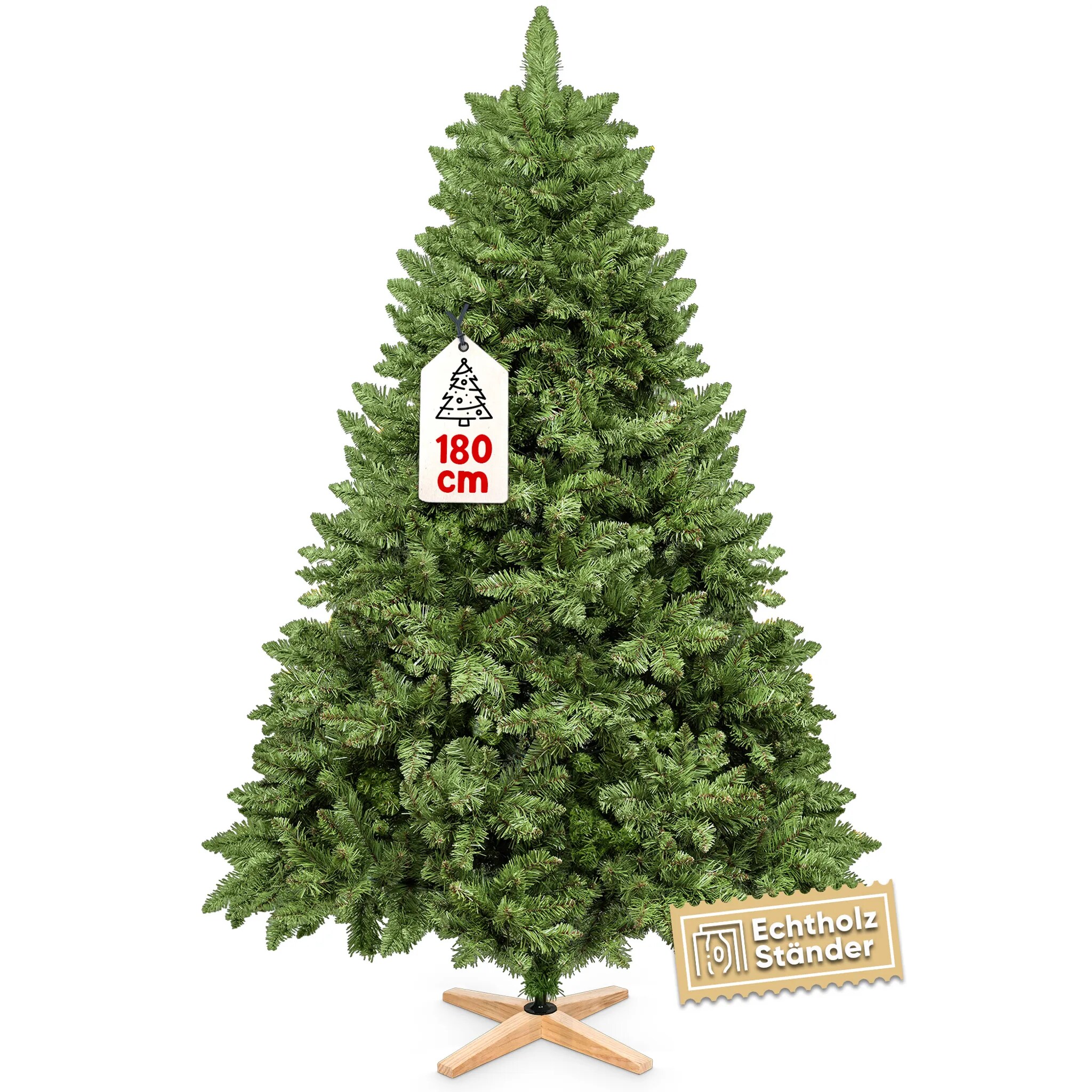 VESKA Weihnachtsbaum k&uuml;nstlich 180cm - mit Holzst&auml;nder, Nordmanntanne, K&uuml;nstlicher Tannenbaum, Naturgetreu, dichte Zweige ohne LED 