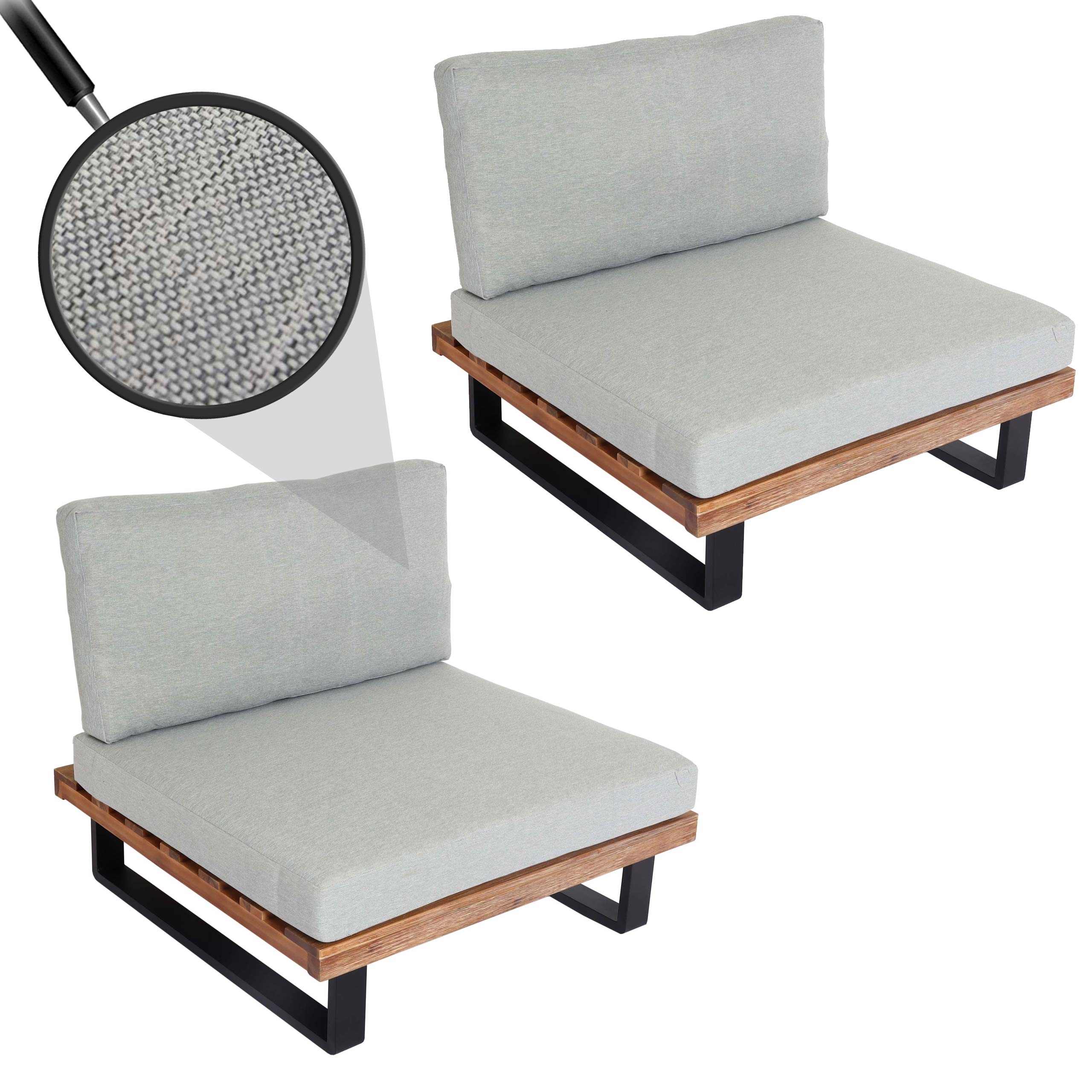 2er-Set Lounge-Sessel MCW-H54, Garten-Sessel, Spun Poly Akazie Holz FSC-zertifiziert Alu ~ hellbraun, Polster hellgrau 