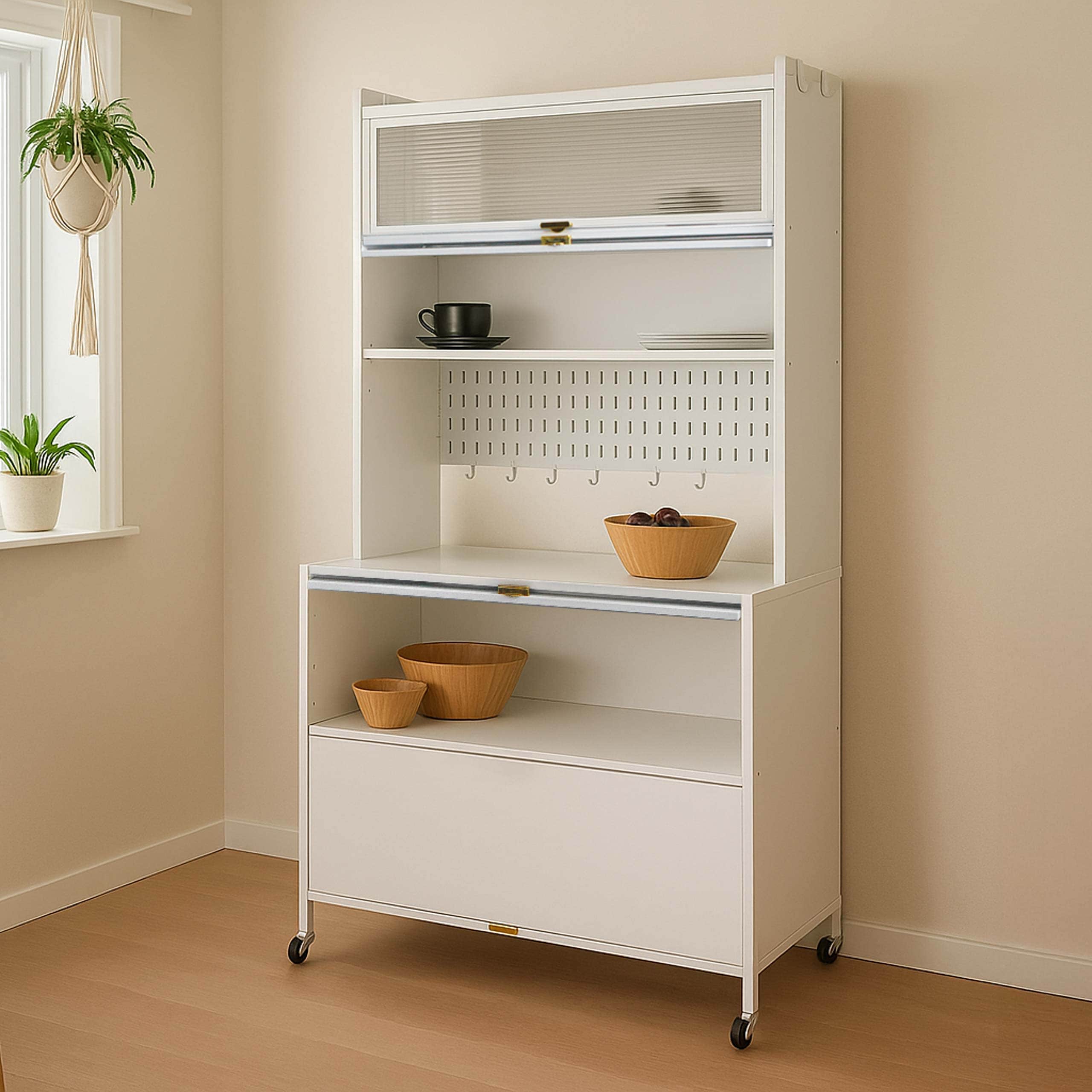 K&uuml;chenschrank MCW-O53, K&uuml;chenregal Schrank Arbeitsplatte Schrankf&auml;cher rollbar Metall 175x80x42cm ~ wei&szlig; 