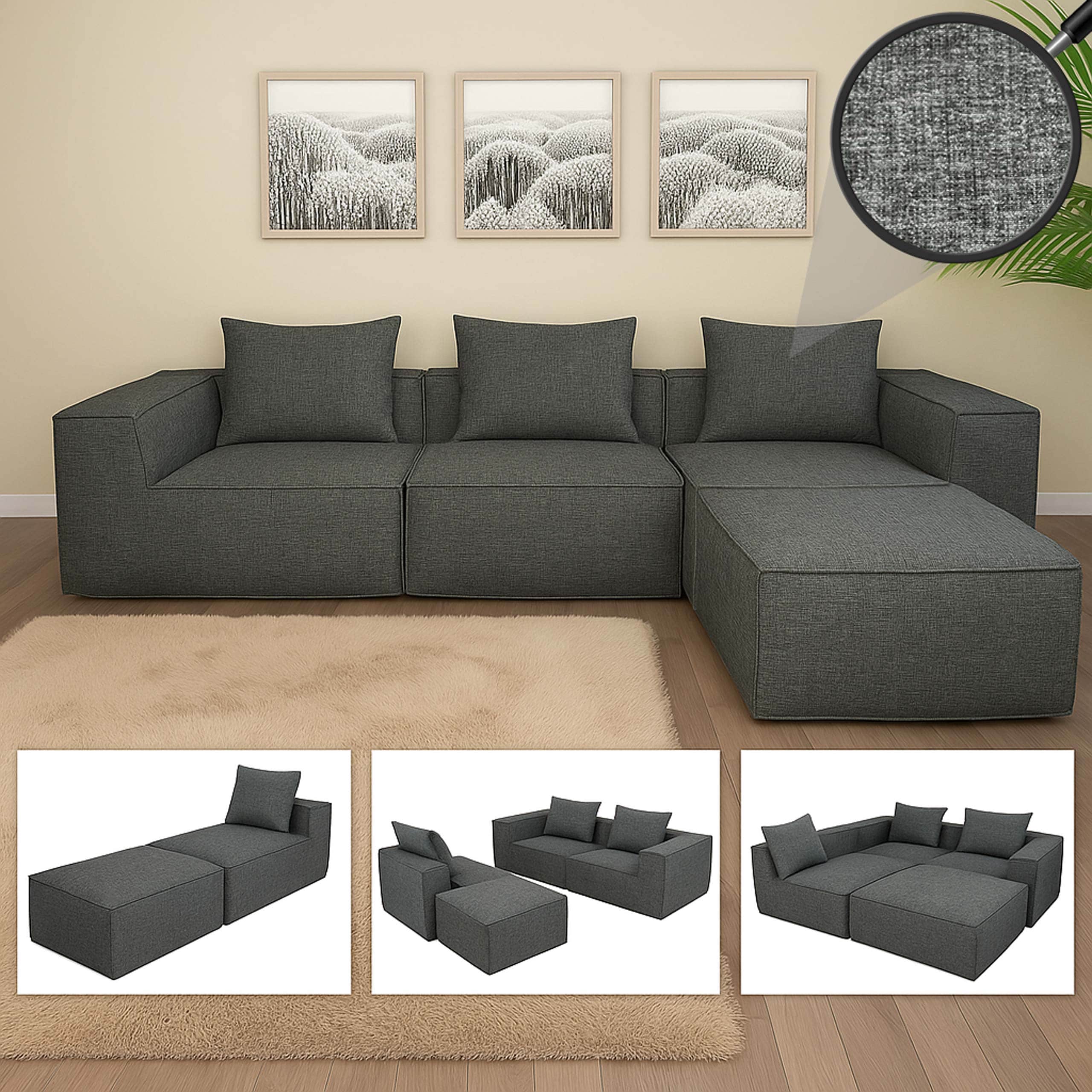 L-Sofa MCW-O54, Lounge-Couch mit Ottomane, erweiterbar modular rechts/links, Stoff/Textil 63x270x190cm ~ dunkelgrau 