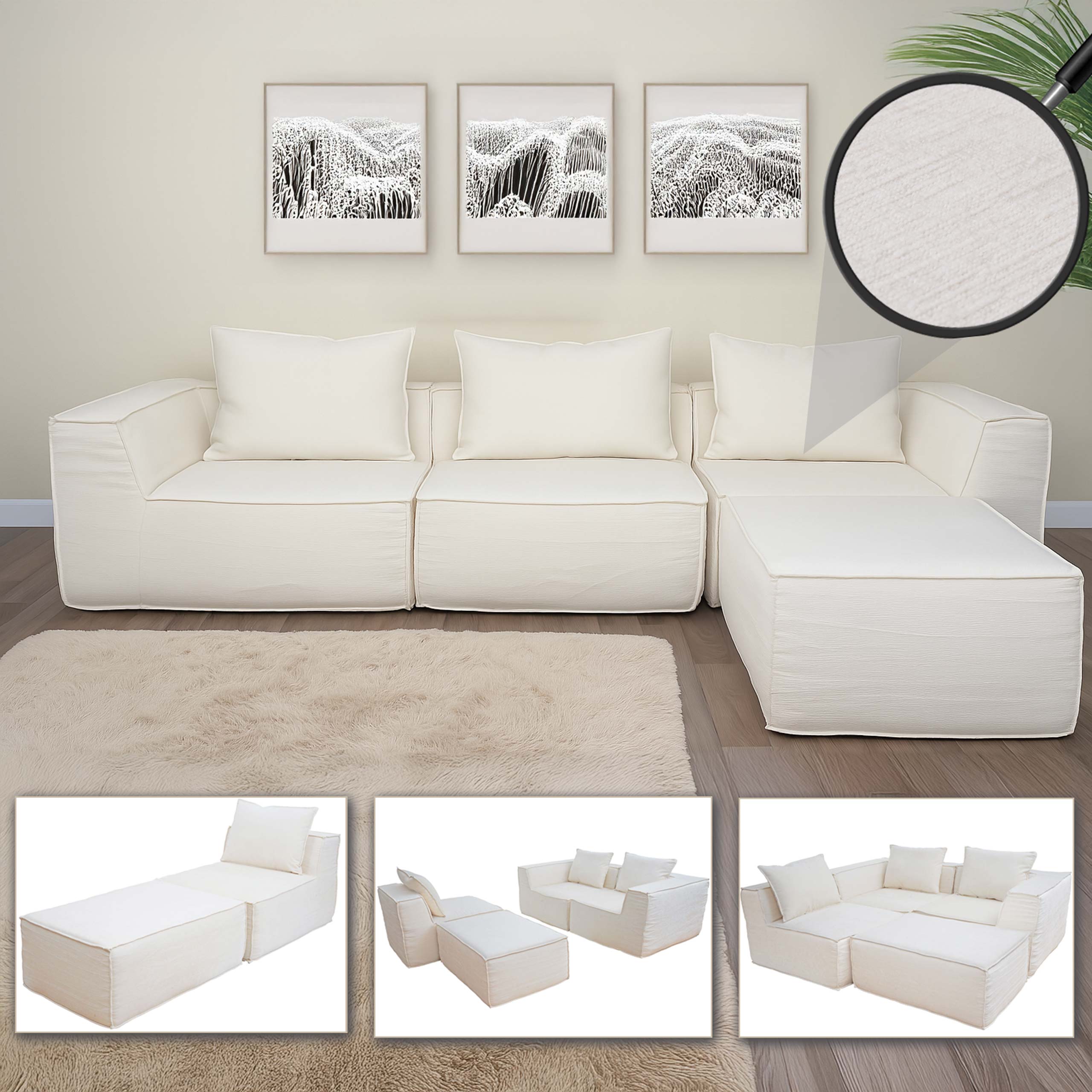 L-Sofa MCW-O54, Lounge-Couch mit Ottomane, erweiterbar modular rechts/links, Stoff/Textil 63x270x190cm ~ creme 