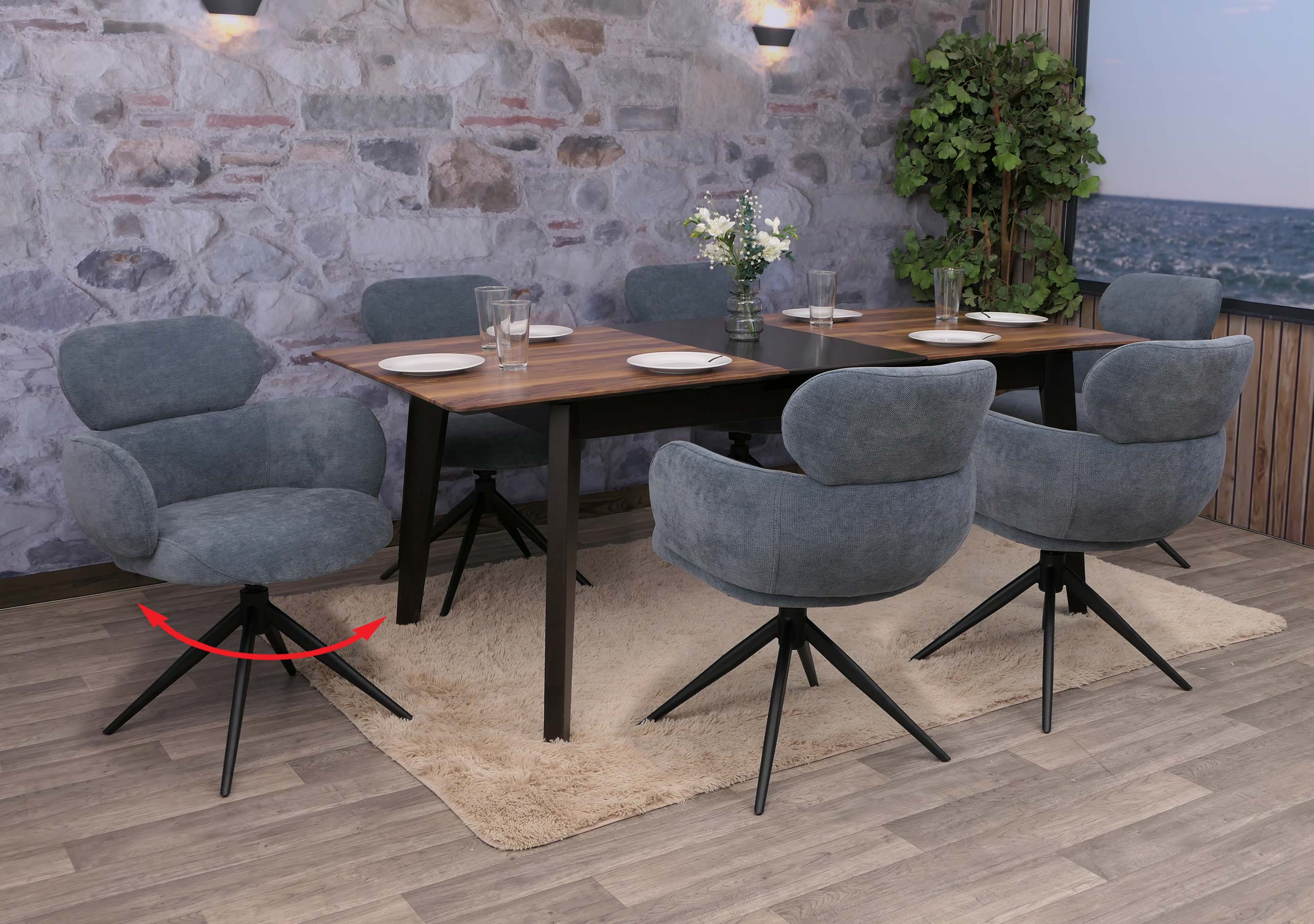 6er-Set Esszimmerstuhl MCW-O77, K&uuml;chenstuhl Stuhl, drehbar Auto-Return, Stoff (310g/m&sup2;) Chenille &Ouml;ko-Tex ~ grau-blau 