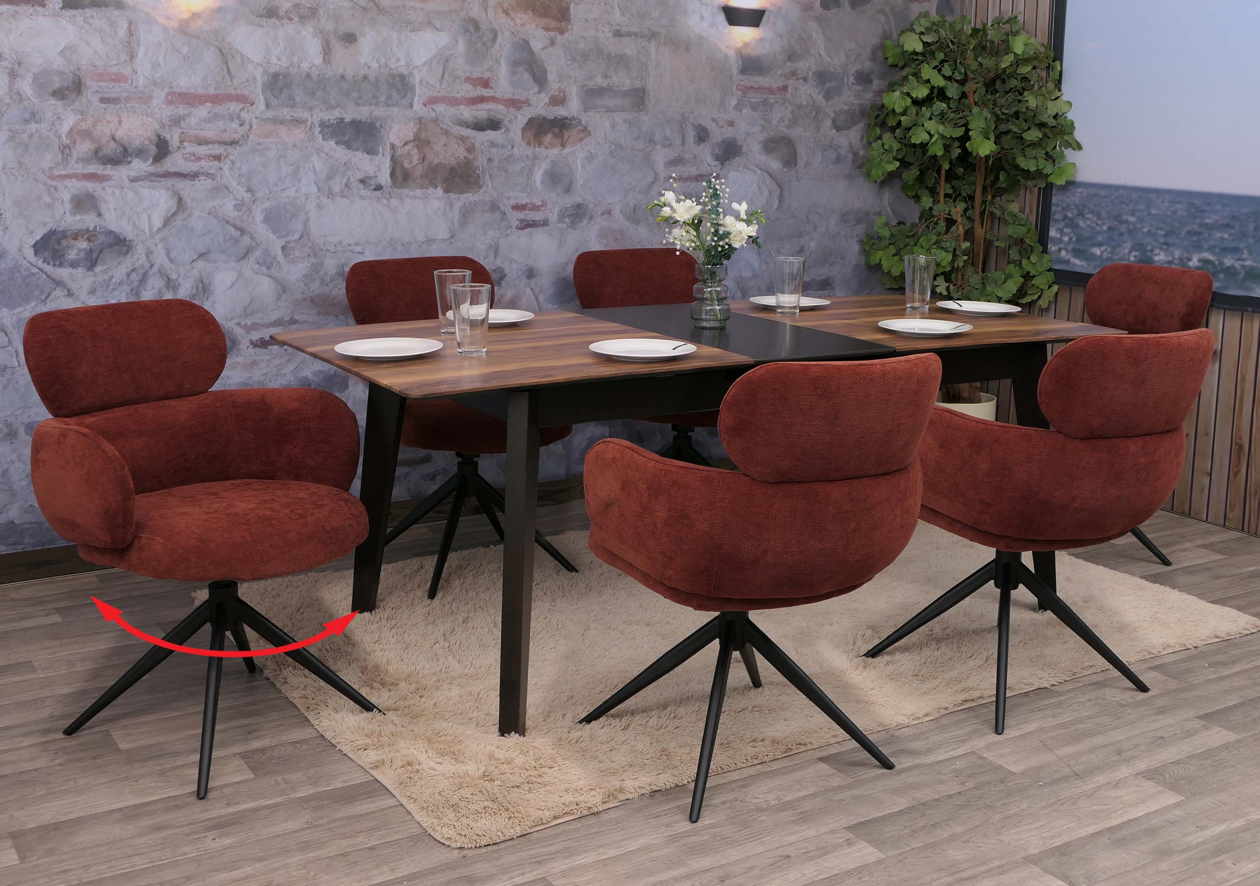 6er-Set Esszimmerstuhl MCW-O77, K&uuml;chenstuhl Stuhl, drehbar Auto-Return, Stoff (310g/m&sup2;) Chenille &Ouml;ko-Tex~ rotbraun 