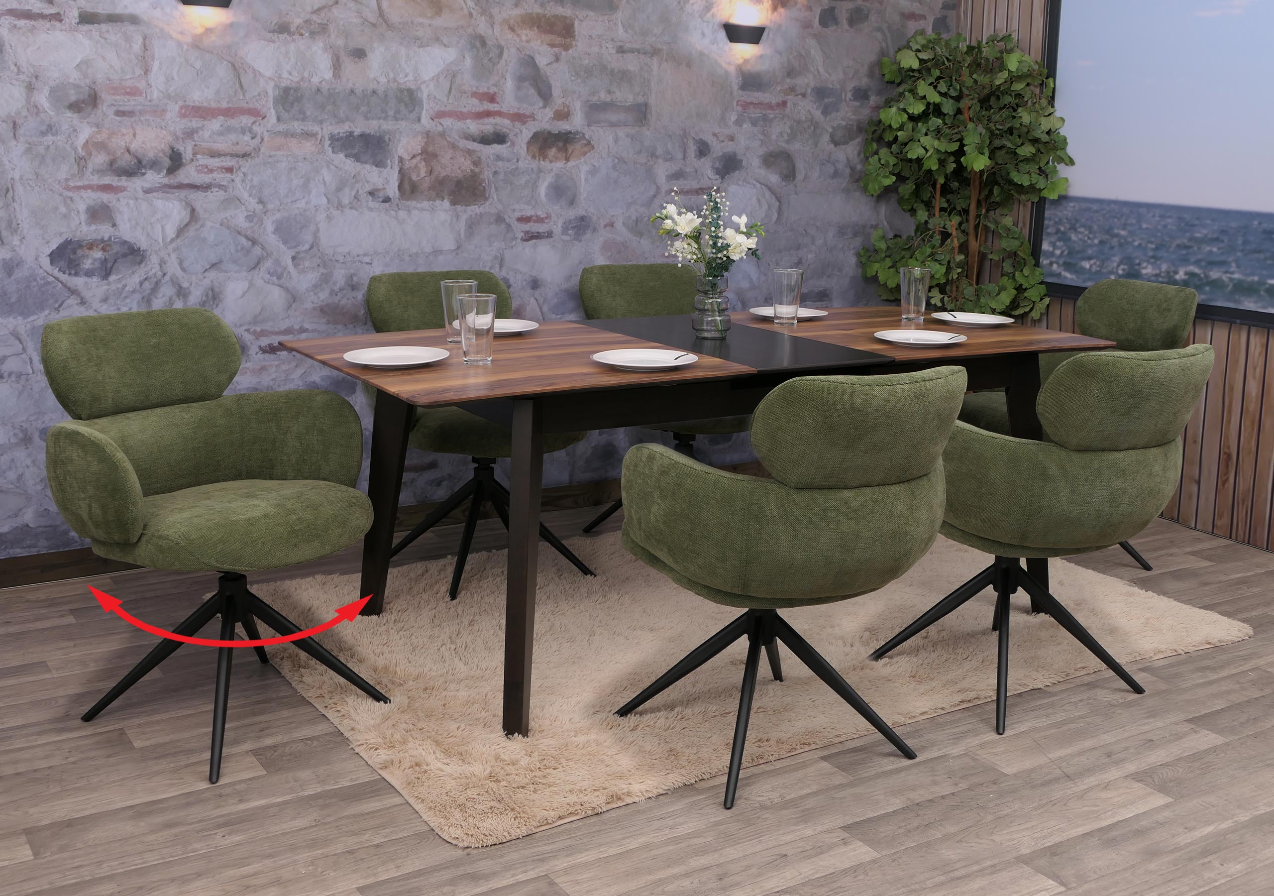 6er-Set Esszimmerstuhl MCW-O77, K&uuml;chenstuhl Stuhl, drehbar Auto-Return, Stoff (310g/m&sup2;) Chenille &Ouml;ko-Tex ~ olivgr&uuml;n 
