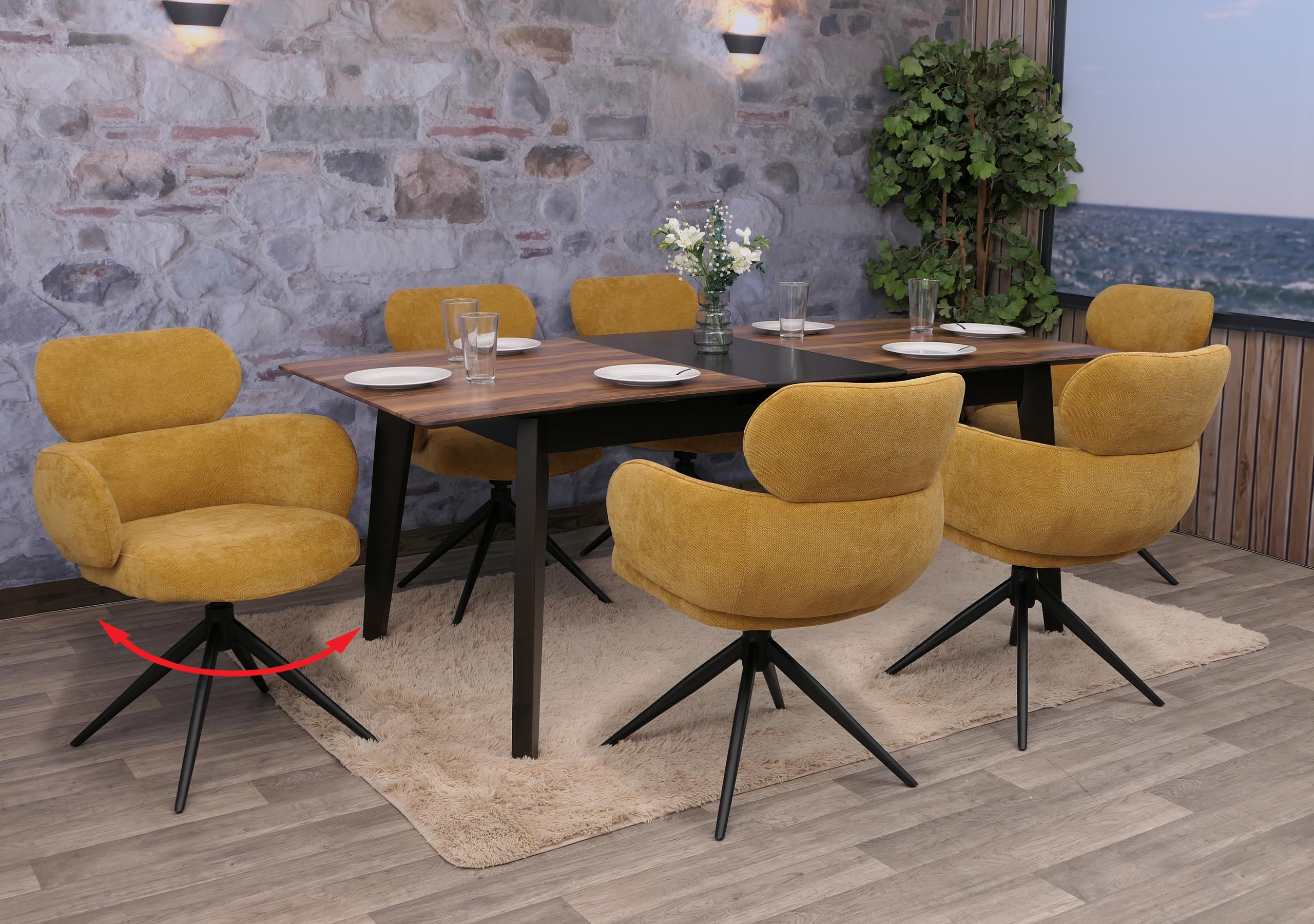 6er-Set Esszimmerstuhl MCW-O77, K&uuml;chenstuhl Stuhl, drehbar Auto-Return, Stoff (310g/m&sup2;) Chenille ~ senfgelb 