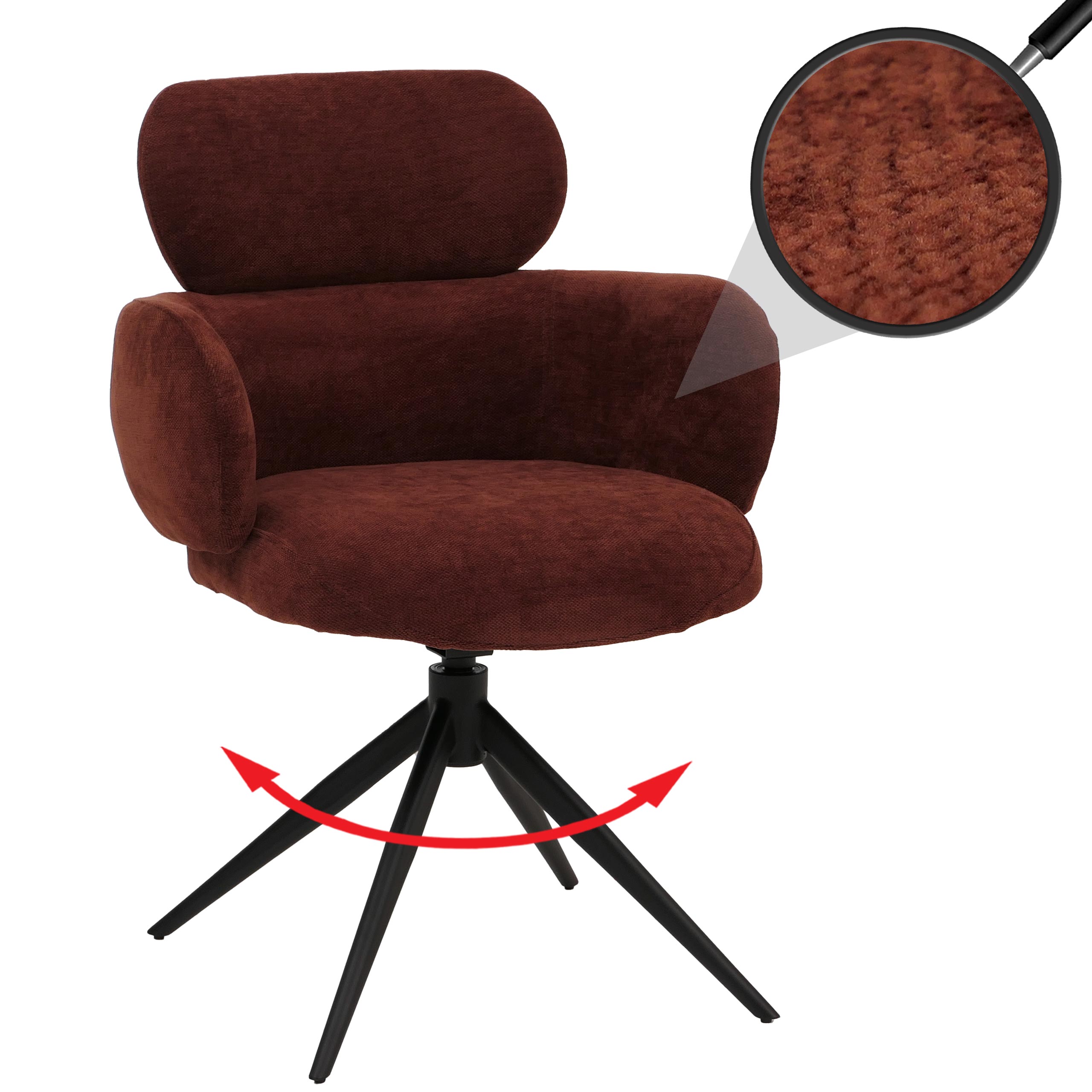 Esszimmerstuhl MCW-O77, K&uuml;chenstuhl Polsterstuhl, drehbar Auto-Return, Stoff (310g/m&sup2;) Chenille &Ouml;ko-Tex ~ rotbraun 