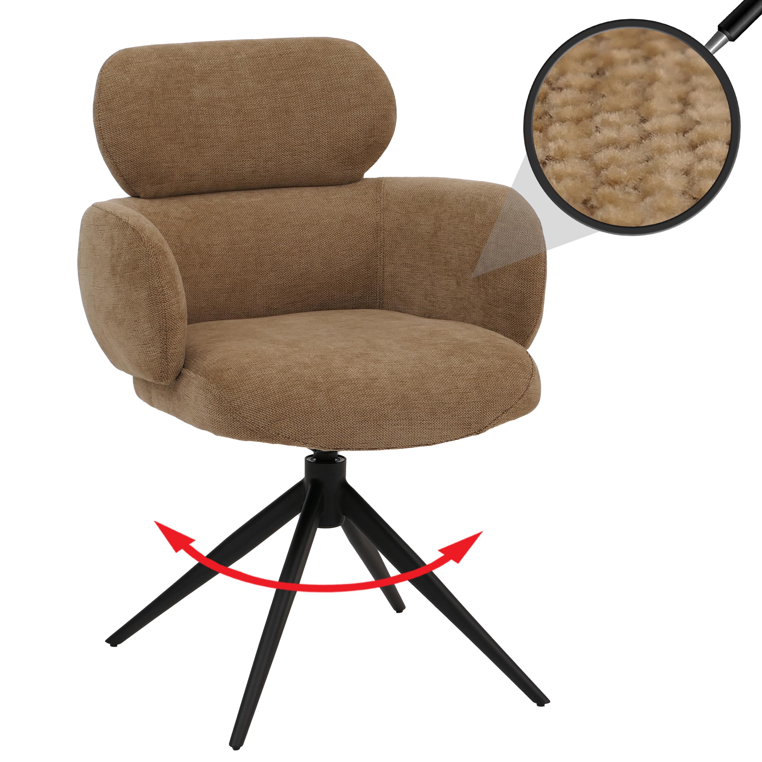 Esszimmerstuhl MCW-O77, K&uuml;chenstuhl Polsterstuhl, drehbar Auto-Return, Stoff (310g/m&sup2;) Chenille &Ouml;ko-Tex ~ hellbraun 