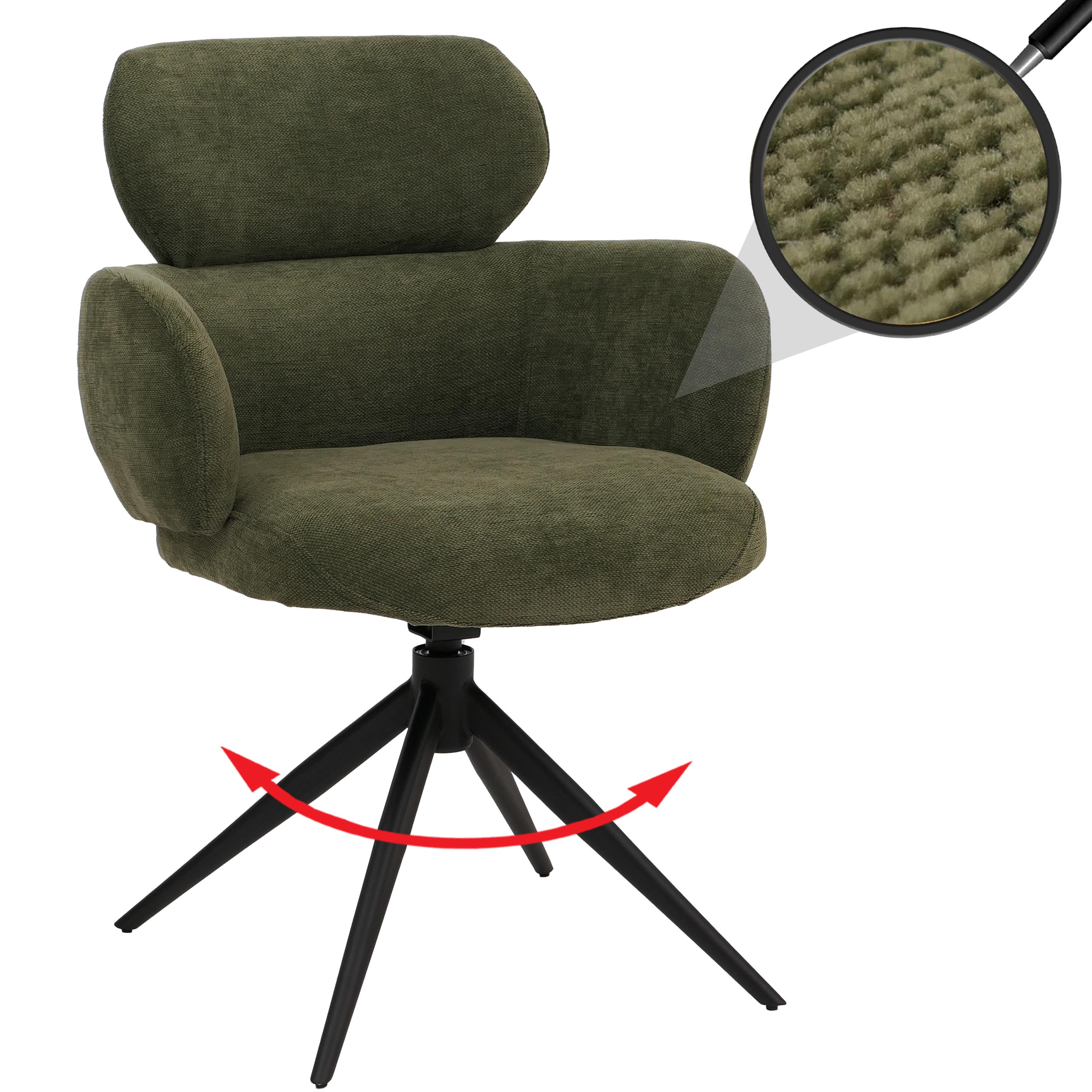 Esszimmerstuhl MCW-O77, K&uuml;chenstuhl Polsterstuhl, drehbar Auto-Return, Stoff (310g/m&sup2;) Chenille &Ouml;ko-Tex ~ olivgr&uuml;n 
