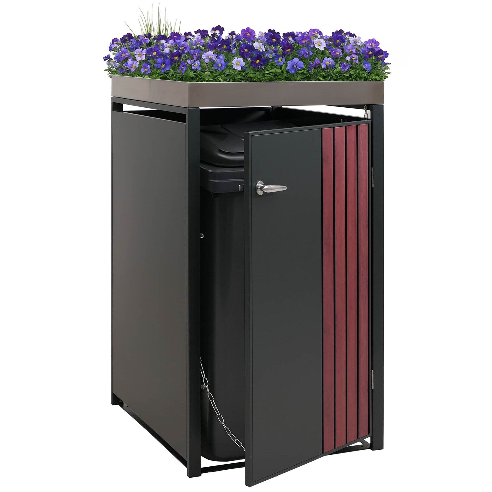 1er-Mülltonnenverkleidung -O67, Mülltonnenbox mit Pflanzkasten, Metall 125x68x84cm  ~ anthrazit Holzoptik dunkel
