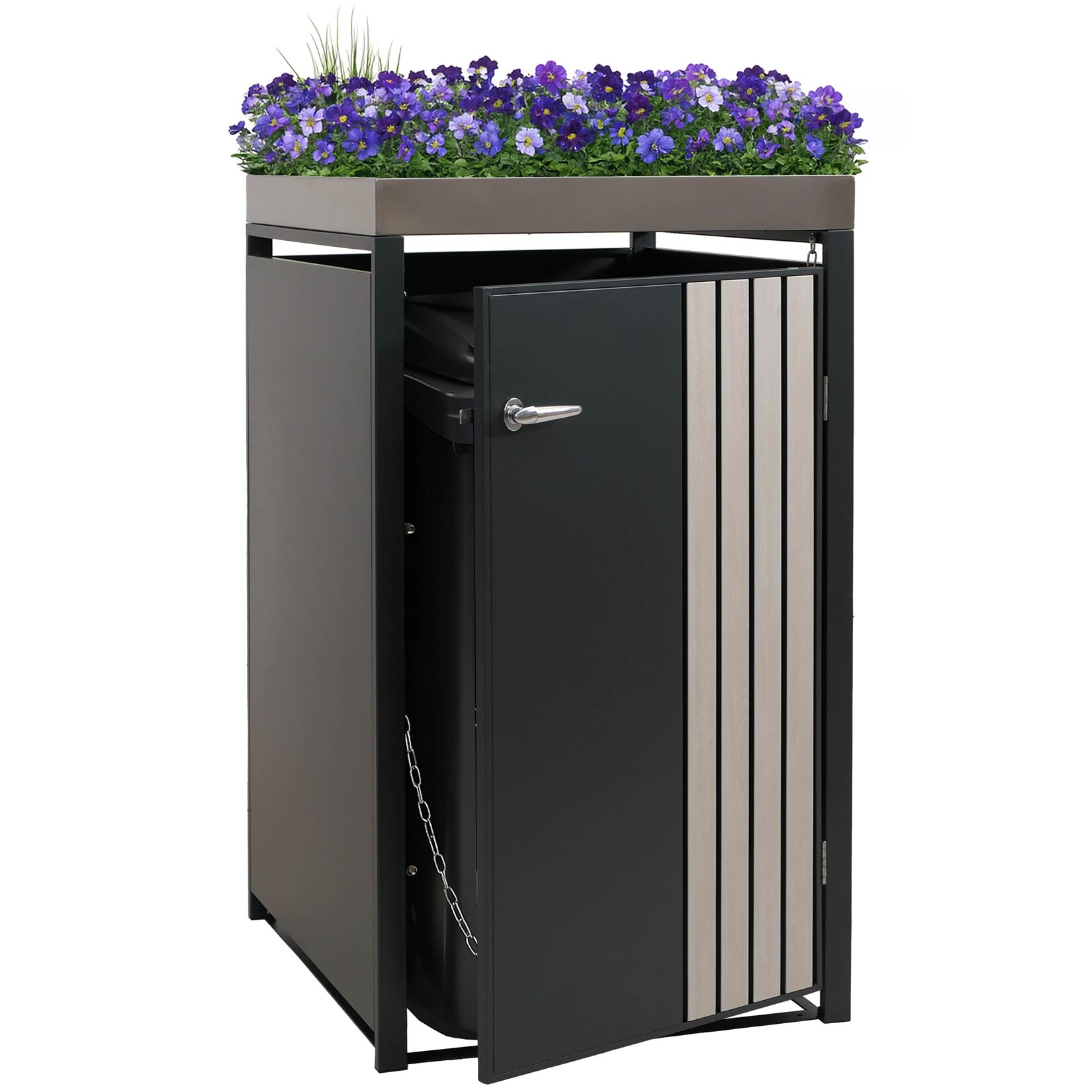 1er-Mülltonnenverkleidung -O67, Mülltonnenbox mit Pflanzkasten, Metall 125x68x84cm  ~ anthrazit Holzoptik hell
