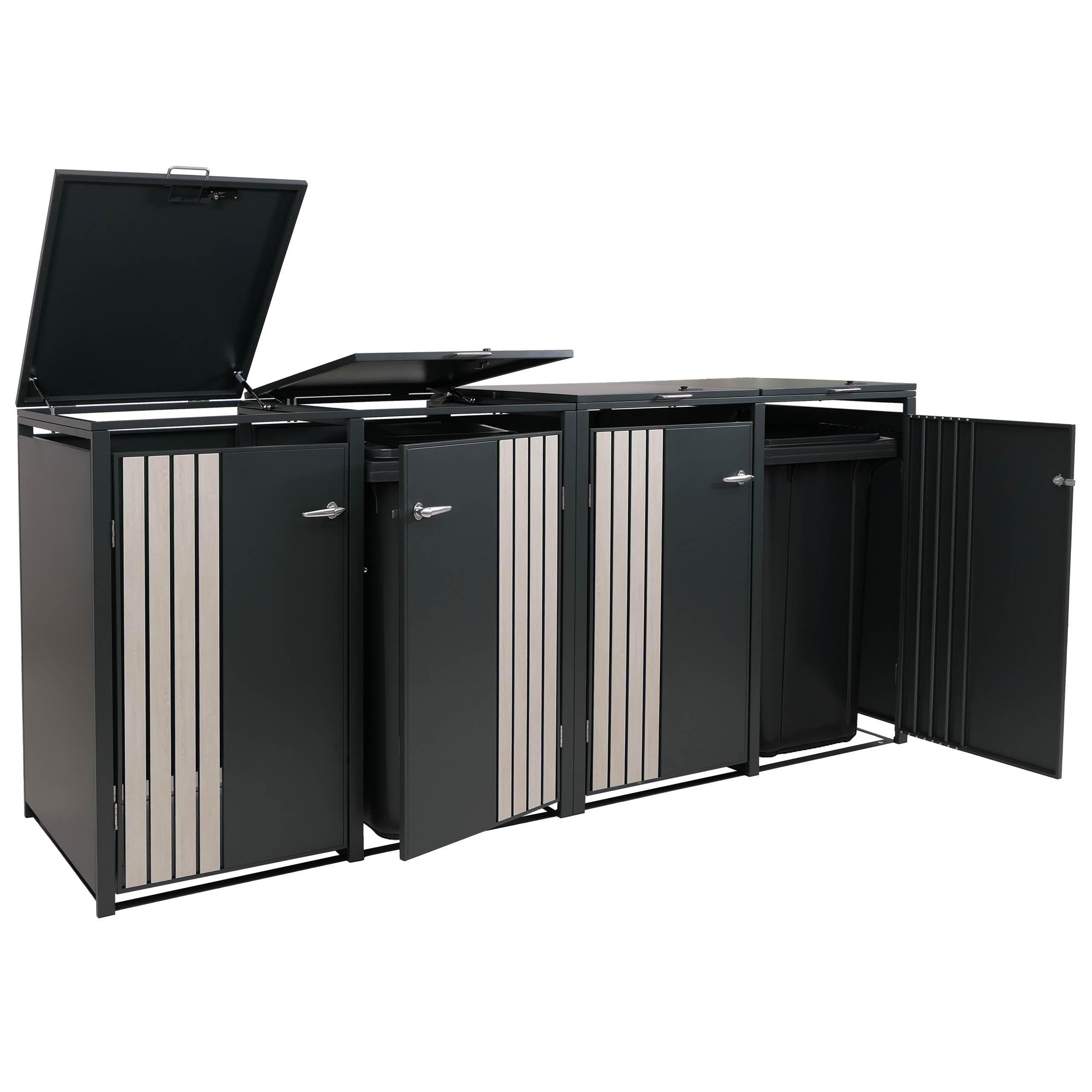 4er-M&uuml;lltonnenverkleidung MCW-O67, M&uuml;lltonnenbox mit Deckel, Metall 122x264x84cm 104kg ~ anthrazit Holzoptik hell 