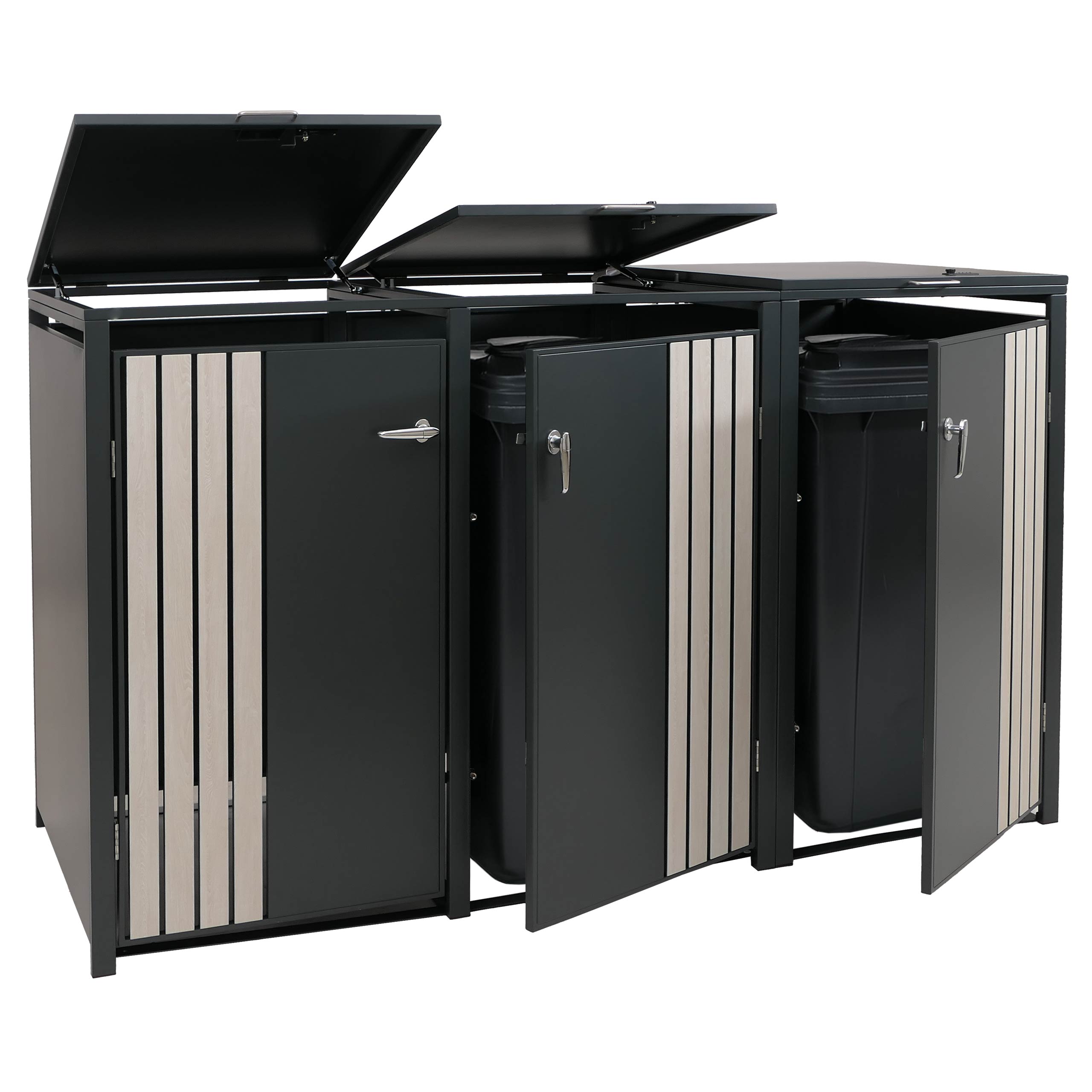 3er-M&uuml;lltonnenverkleidung MCW-O67, M&uuml;lltonnenbox mit Deckel, Metall 122x200x84cm 83kg ~ anthrazit Holzoptik hell 