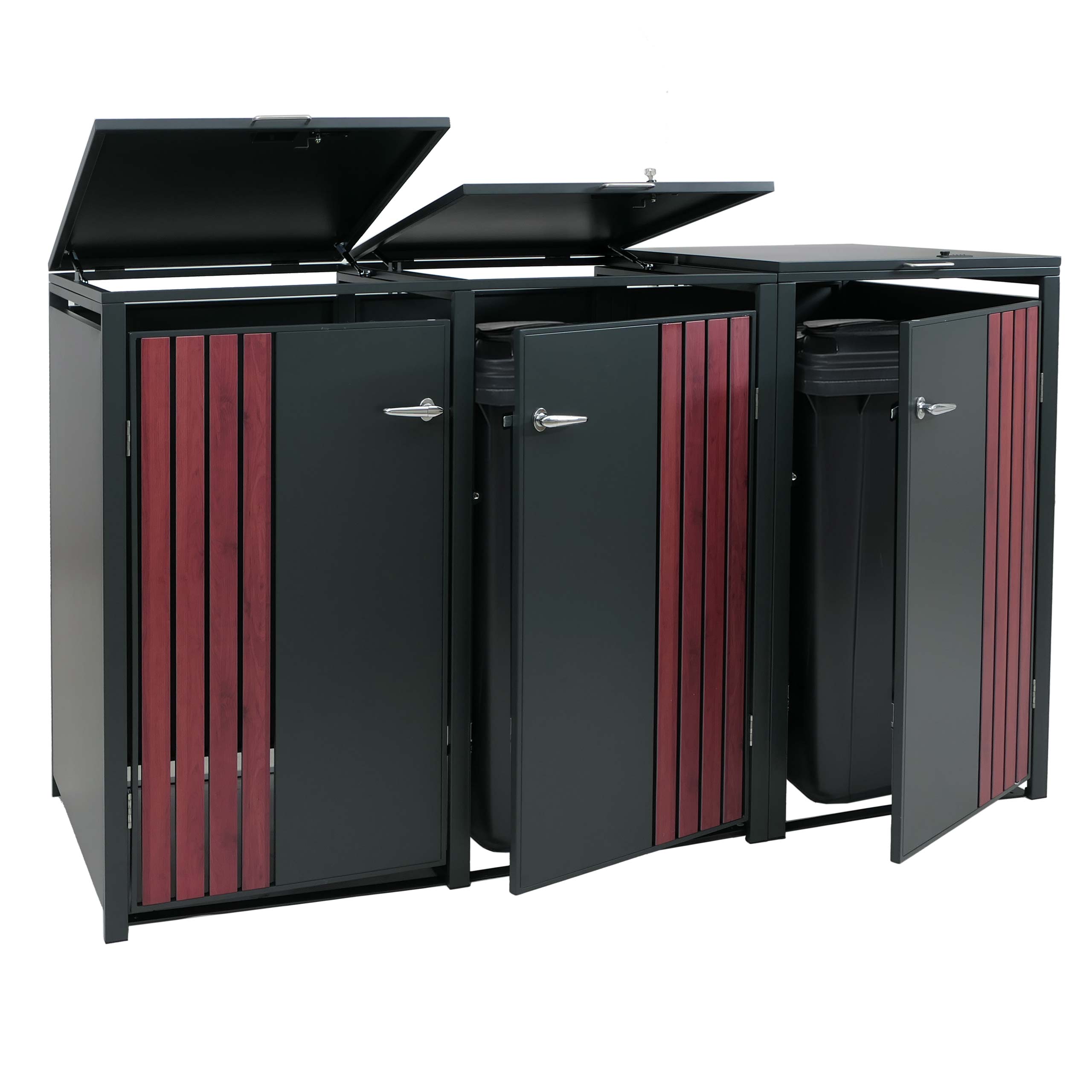 3er-M&uuml;lltonnenverkleidung MCW-O67, M&uuml;lltonnenbox mit Deckel, Metall 122x200x84cm 83kg ~ anthrazit Holzoptik dunkel 