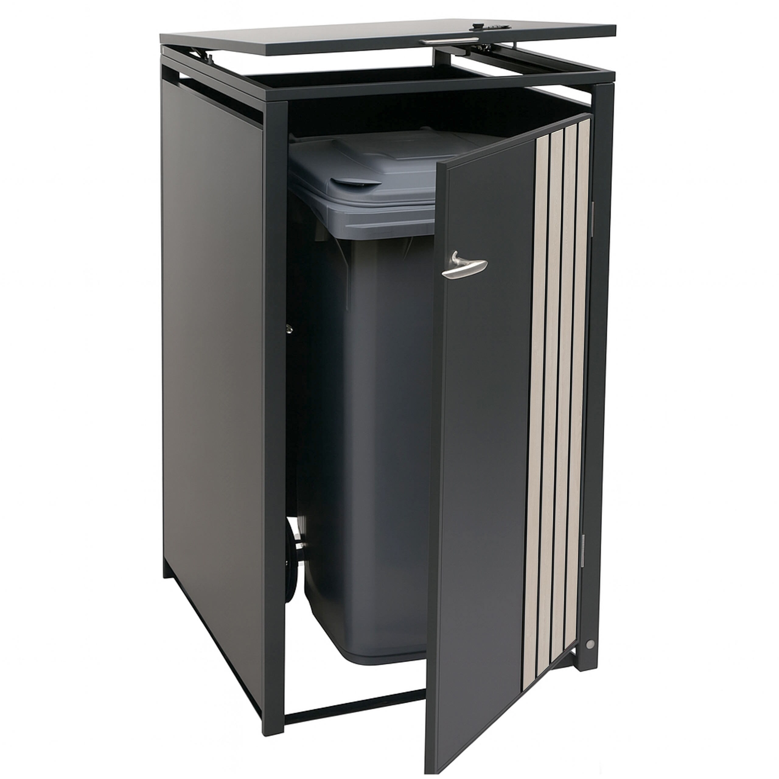 1er-M&uuml;lltonnenverkleidung MCW-O67, M&uuml;lltonnenbox mit Deckel, Metall 122x68x84cm 35kg ~ anthrazit Holzoptik hell 