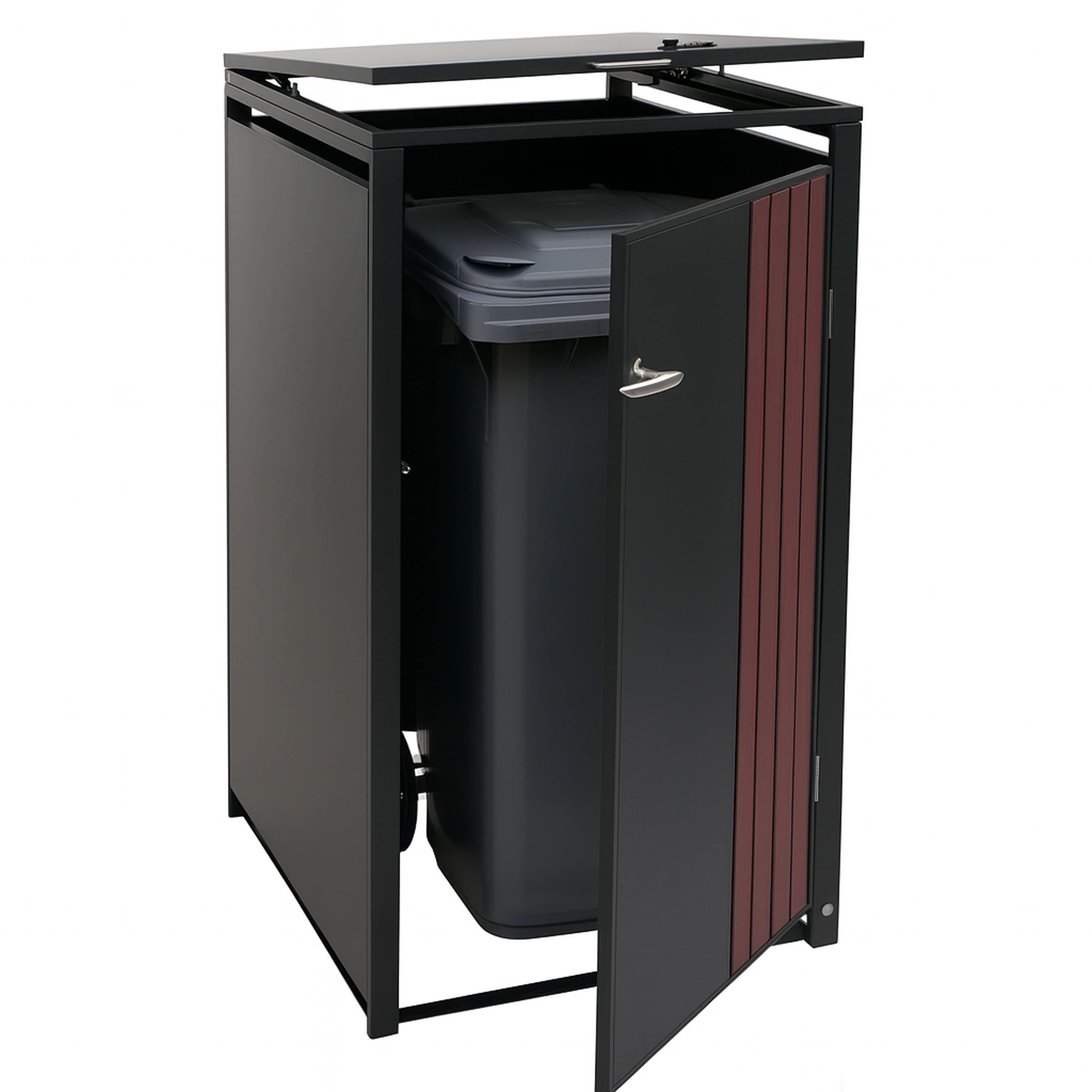 1er-M&uuml;lltonnenverkleidung MCW-O67, M&uuml;lltonnenbox mit Deckel, Metall 122x68x84cm 35kg ~ anthrazit Holzoptik dunkel 