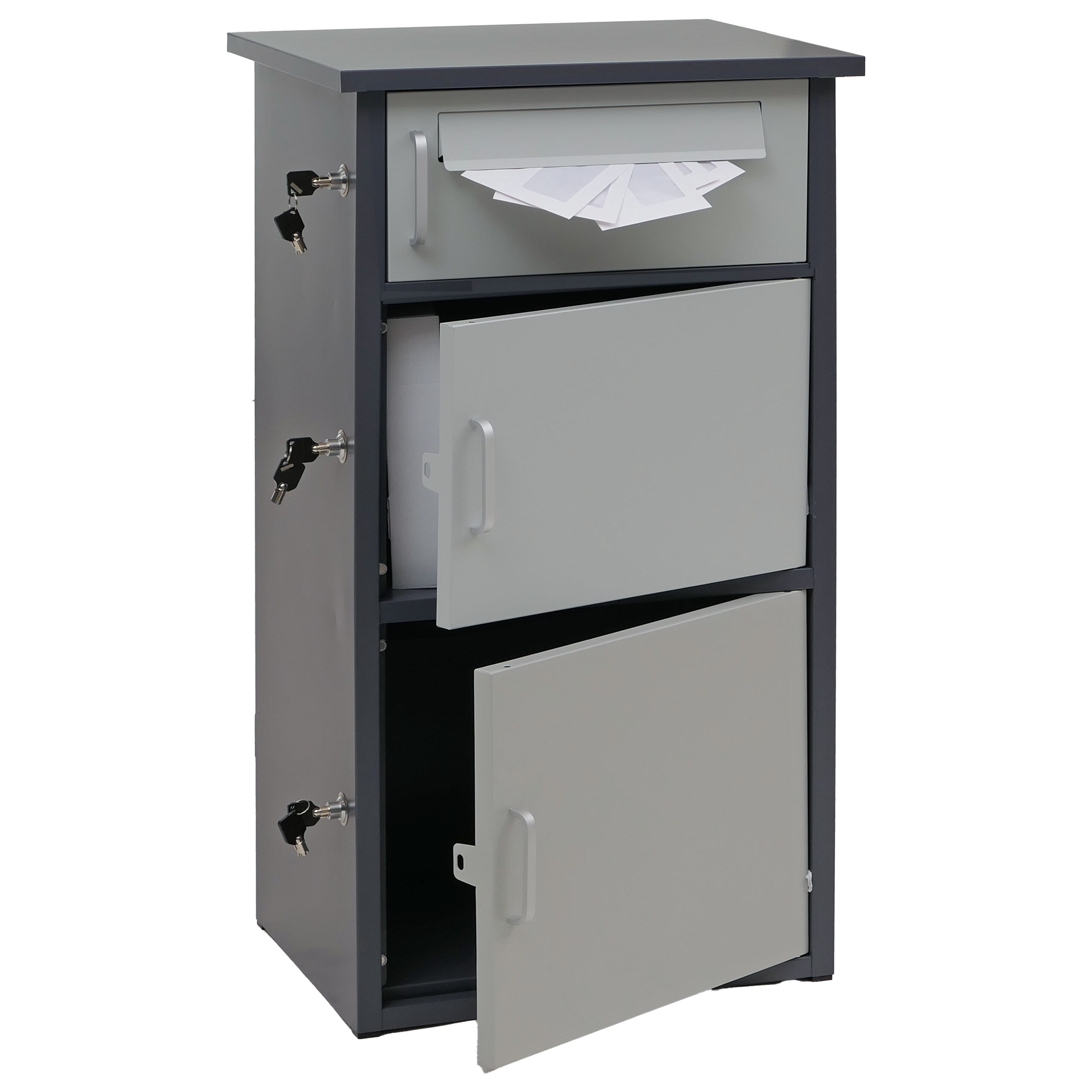Paketkasten MCW-O51, Paketbox Paketfach Paketstation Briefkasten 3 F&auml;cher, Stahl 89x49x38cm ~ dunkelgrau/hellgrau 