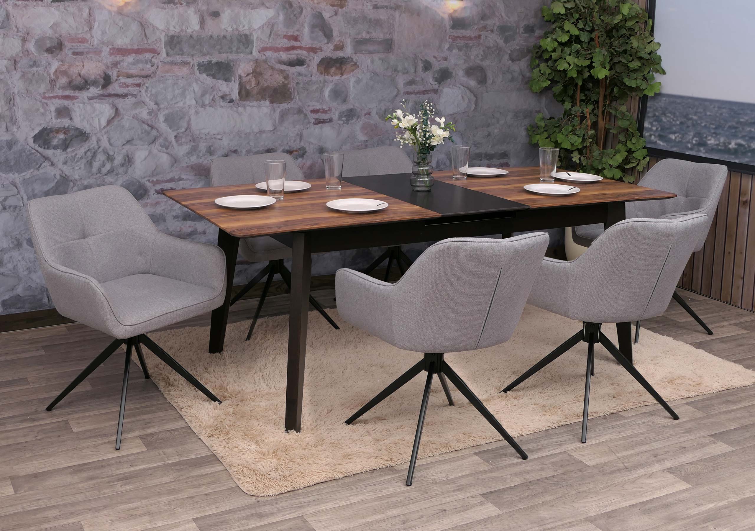 6er-Set Esszimmerstuhl MCW-O47, K&uuml;chenstuhl Armlehne, drehbar Auto-Return, Stoff/Textil (270g/m&sup2;) ~ hellgrau 