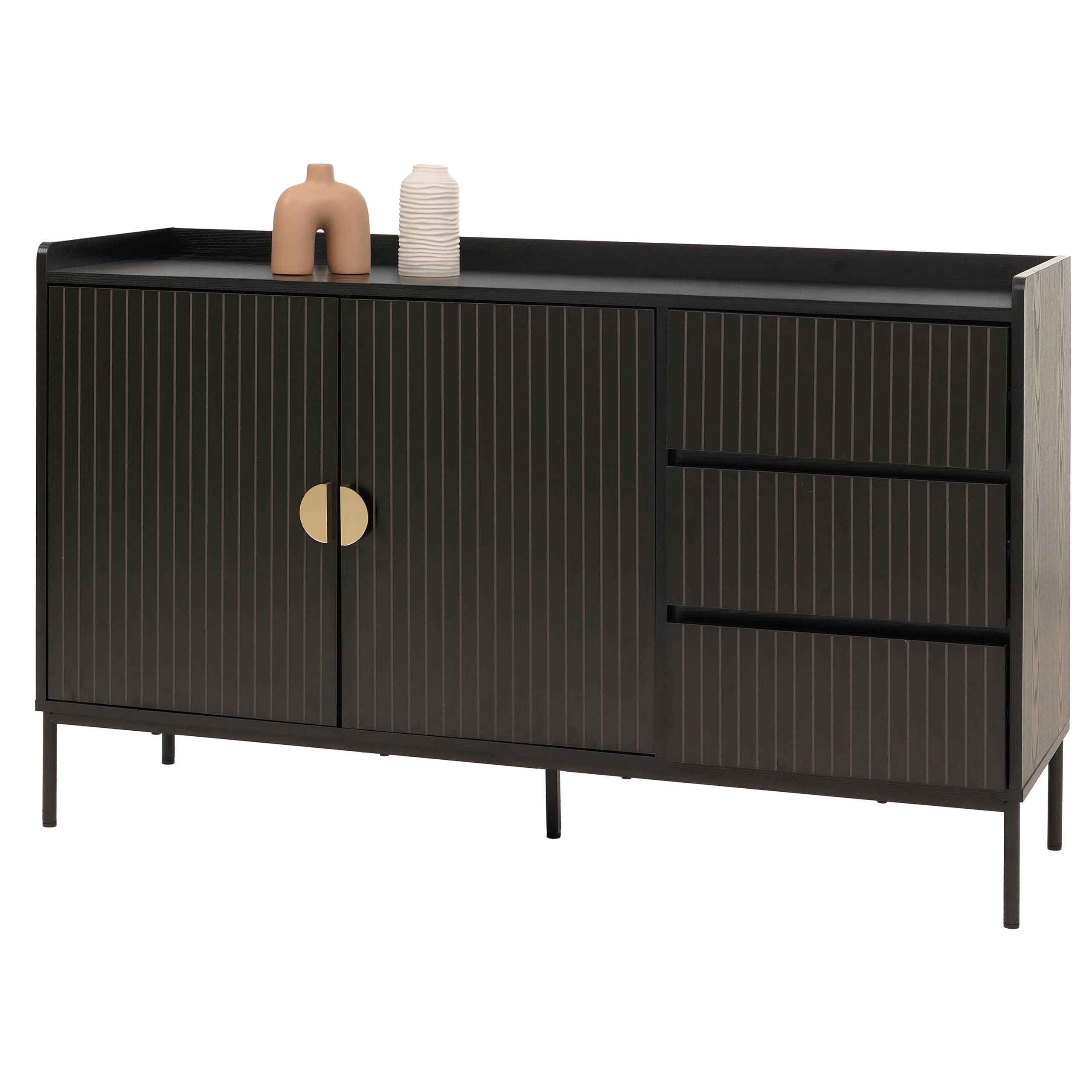 Sideboard MCW-O39, Kommode Schrank Anrichte, 3 Schubladen 2 T&uuml;ren, Holz Melamin 80x130x42cm ~ Holzoptik schwarz 