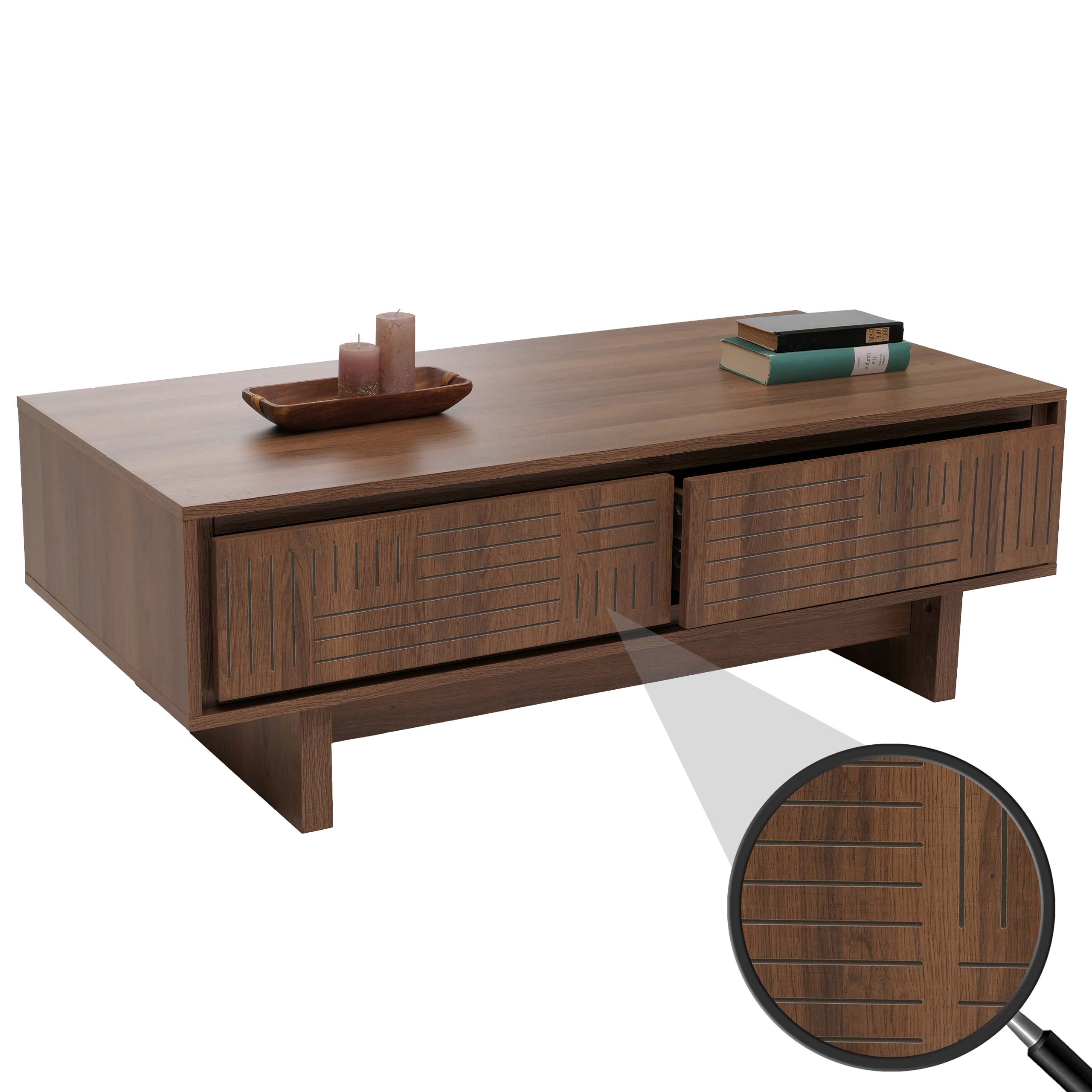 Couchtisch MCW-O33, Sofatisch Wohnzimmertisch Beistelltisch, 2 Schubladen 2 F&auml;cher, Melamin 40x120x60cm ~ braun 