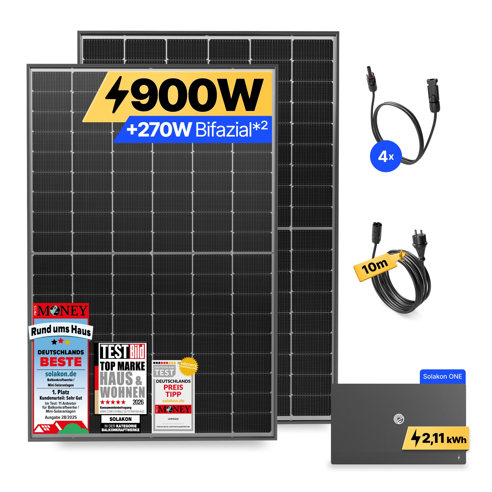 Balkonkraftwerk 900W/800W Solaranlage mit  ONE Speicher Steckerfertig WIFI Komplettset Photovoltaik Anlage 800W, Kabellänge: 10m