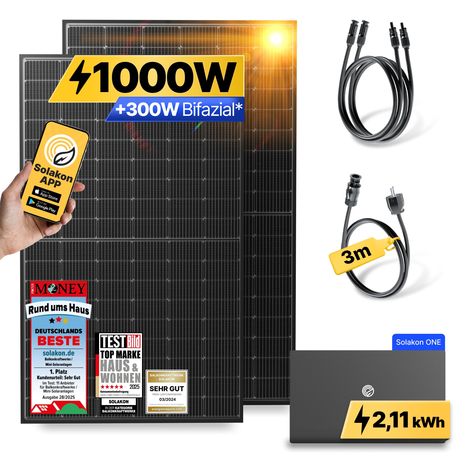Balkonkraftwerk 1000W/800W Solaranlage mit Solakon ONE Speicher Steckerfertig WIFI Komplettset Photovoltaik Anlage 800W, Kabell&auml;nge: 3m 