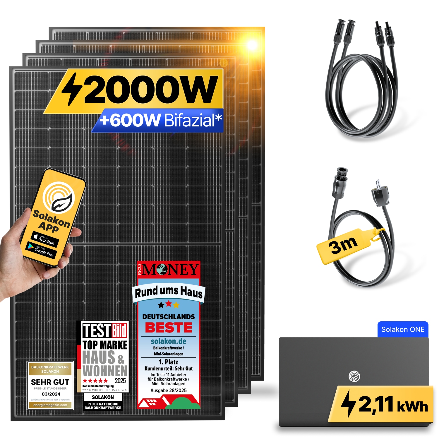 Balkonkraftwerk 2000W/800W Solaranlage mit Solakon ONE Speicher Steckerfertig WIFI Komplettset Photovoltaik Anlage 800W, Kabell&auml;nge: 3m 