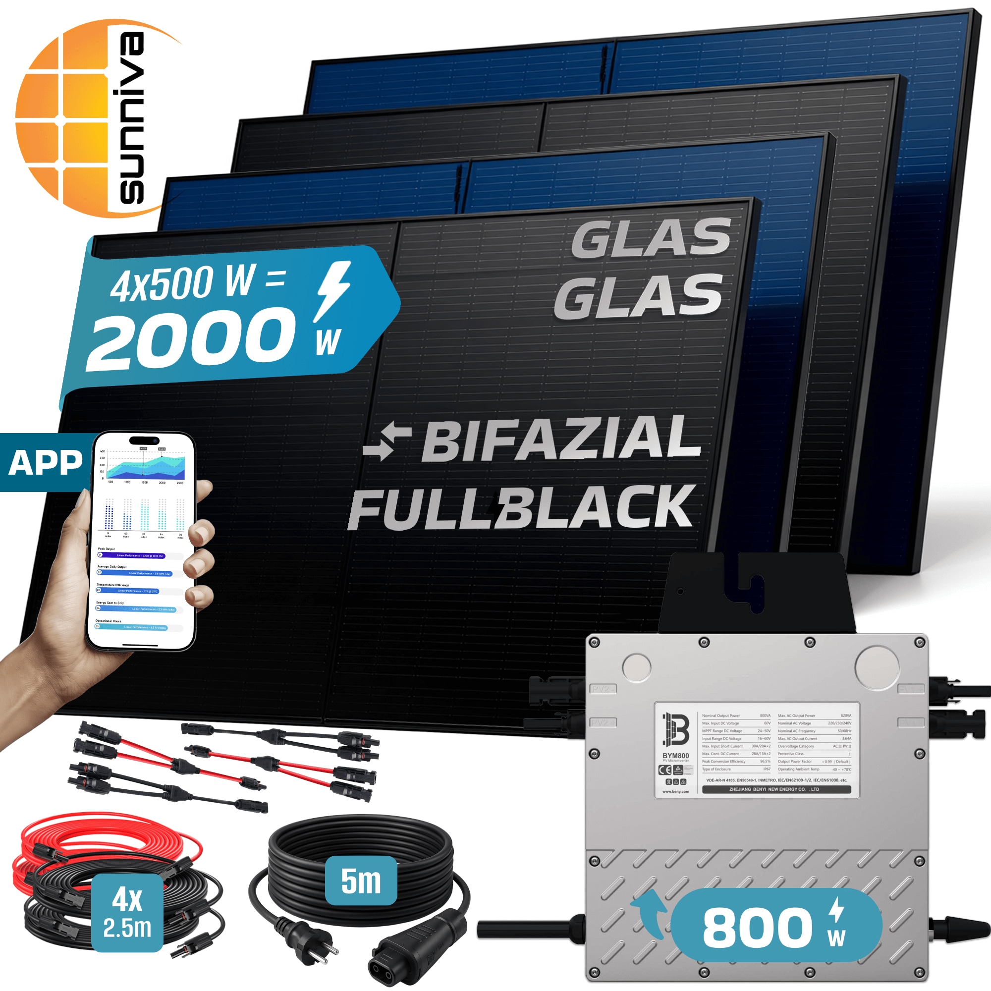 SUNNIVA&reg; 2000W Balkonkraftwerk BIFAZIAL FULLBLACK komplett Steckdose BENY 800 Watt Wechselrichter, PV Solaranlage Komplettset, 4x 500W N-Type Glas-Glas Bifacial Solarmodule, 5m Kabel & 4x 2.5m Solarkabel 