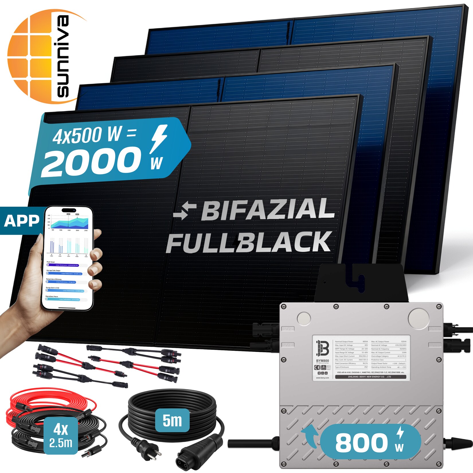 ® 2000W Balkonkraftwerk BIFAZIAL FULLBLACK komplett Steckdose BENY 800 Watt Wechselrichter, PV Solaranlage Komplettset, 4x 500W N-Type Glas-Glas Bifacial Solarmodule, 5m Kabel & 4x 2.5m Solarkabel