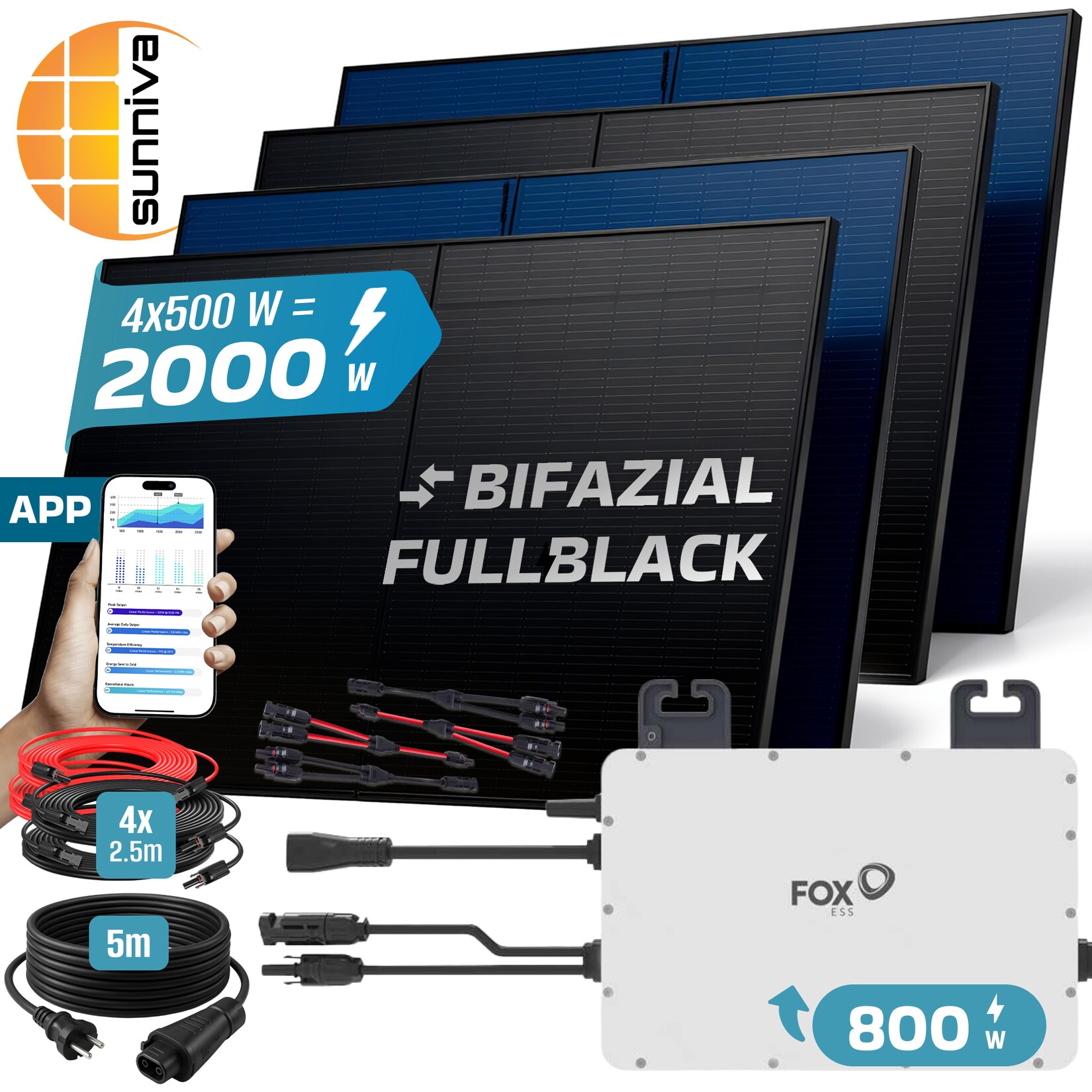 ® 2000W Balkonkraftwerk BIFAZIAL FULLBLACK komplett Steckdose FOXESS 800 Watt Wechselrichter, PV Solaranlage Komplettset, 4x 500W N-Type Glas-Glas Bifacial Solarmodule, 5m Kabel & 4x 2.5m Solarkabel