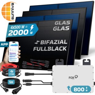 SUNNIVA® 2000W Balkonkraftwerk BIFAZIAL FULLBLACK komplett Steckdose FOXESS 800 Watt Wechselrichter, PV Solaranlage Komplettset, 4x 500W N-Type Glas-Glas Bifacial Solarmodule, 5m Kabel & 4x 2.5m Solarkabel 