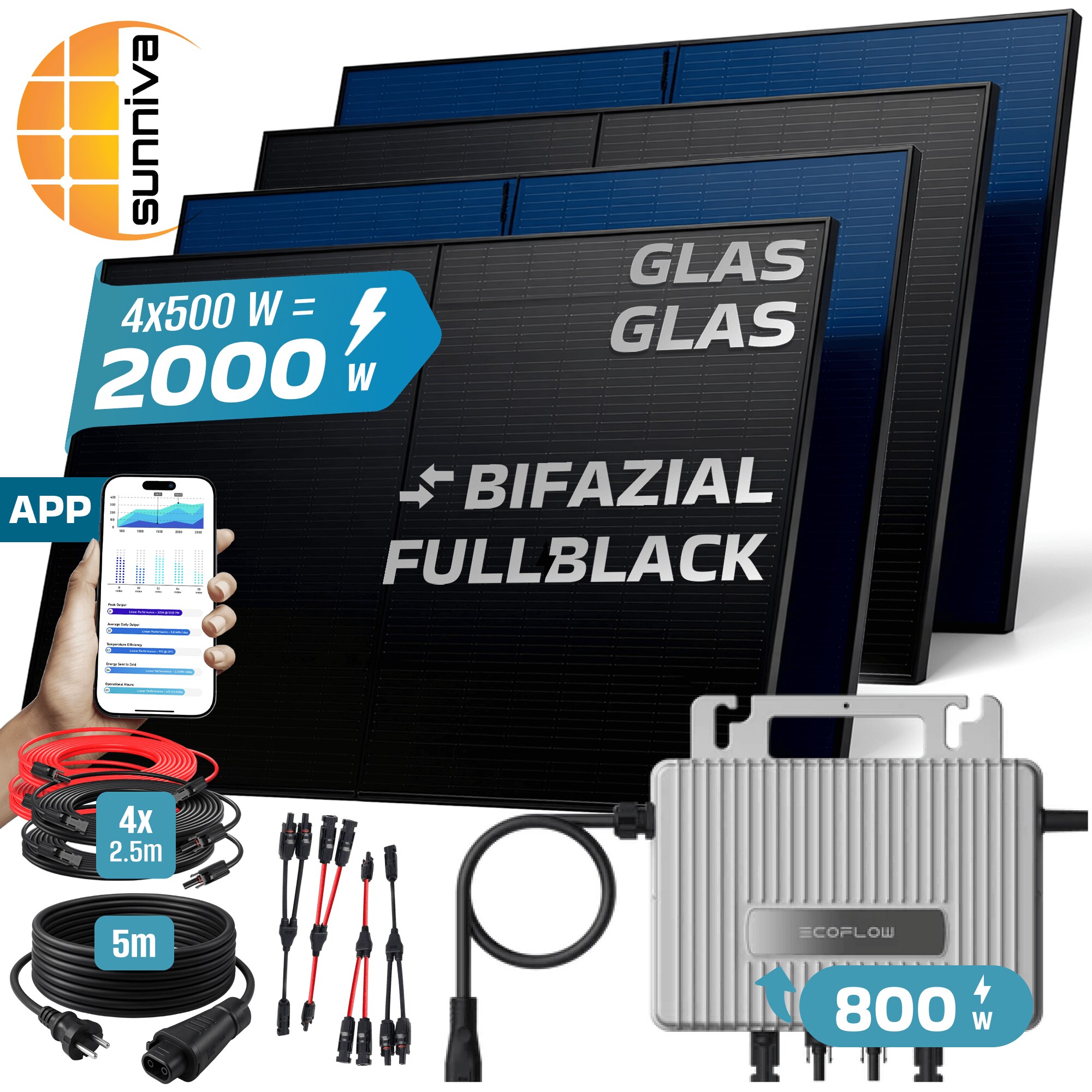 SUNNIVA&reg; 2000W Balkonkraftwerk BIFAZIAL FULLBLACK komplett Steckdose ECOFLOW 800 Watt Wechselrichter, PV Solaranlage Komplettset, 4x 500W N-Type Glas-Glas Bifacial Solarmodule, 5m Kabel & 4x 2.5m Solarkabel 
