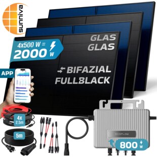 SUNNIVA® 2000W Balkonkraftwerk BIFAZIAL FULLBLACK komplett Steckdose ECOFLOW 800 Watt Wechselrichter, PV Solaranlage Komplettset, 4x 500W N-Type Glas-Glas Bifacial Solarmodule, 5m Kabel & 4x 2.5m Solarkabel 