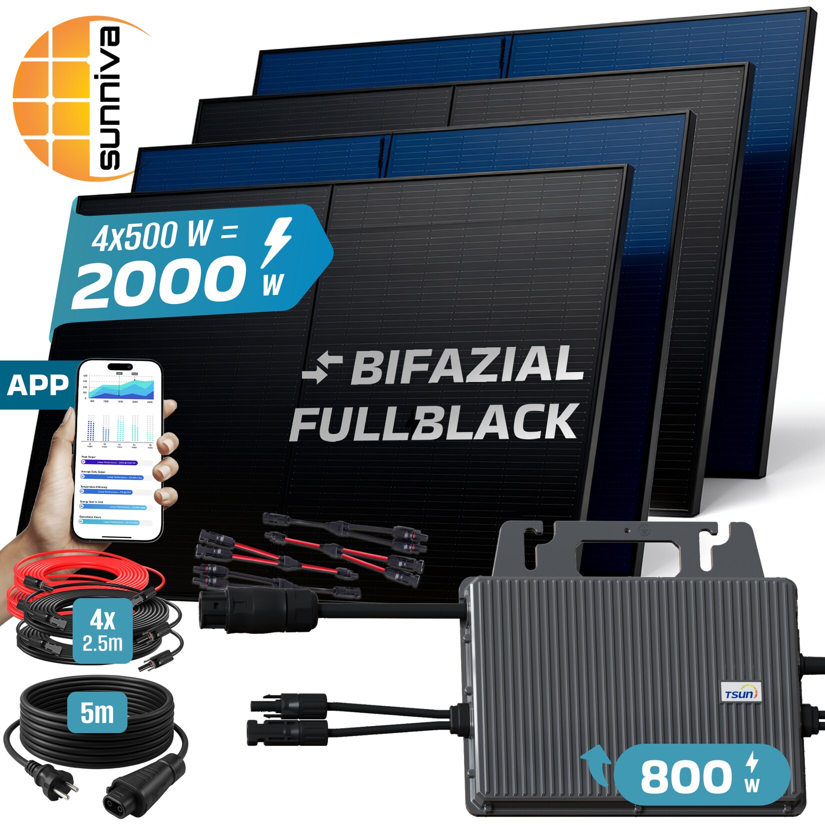® 2000W Balkonkraftwerk BIFAZIAL FULLBLACK komplett Steckdose TSUN 800 Watt Wechselrichter, PV Solaranlage Komplettset, 4x 500W N-Type Glas-Glas Bifacial Solarmodule, 5m Kabel & 4x 2.5m Solarkabel