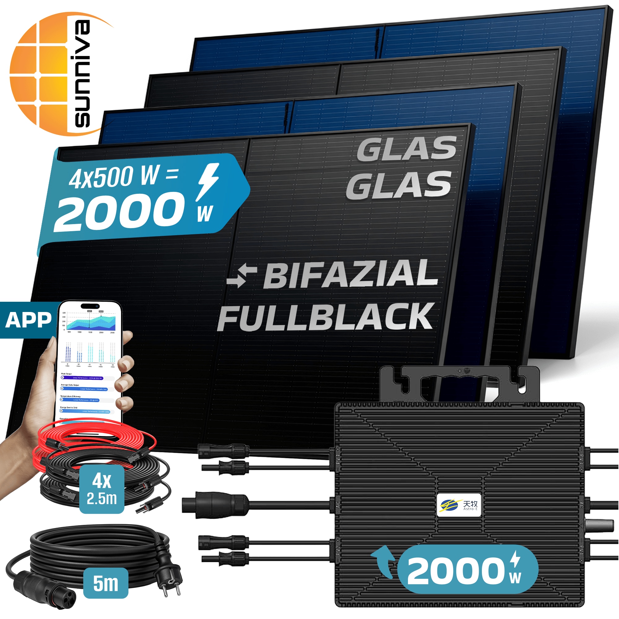 SUNNIVA&reg; 2000W Balkonkraftwerk BIFAZIAL FULLBLACK komplett Steckdose ASTRO-E 2000 Watt Wechselrichter, PV Solaranlage Komplettset, 4x 500W N-Type Glas-Glas Bifacial Solarmodule, 5m Kabel & 4x 2.5m Solarkabel 