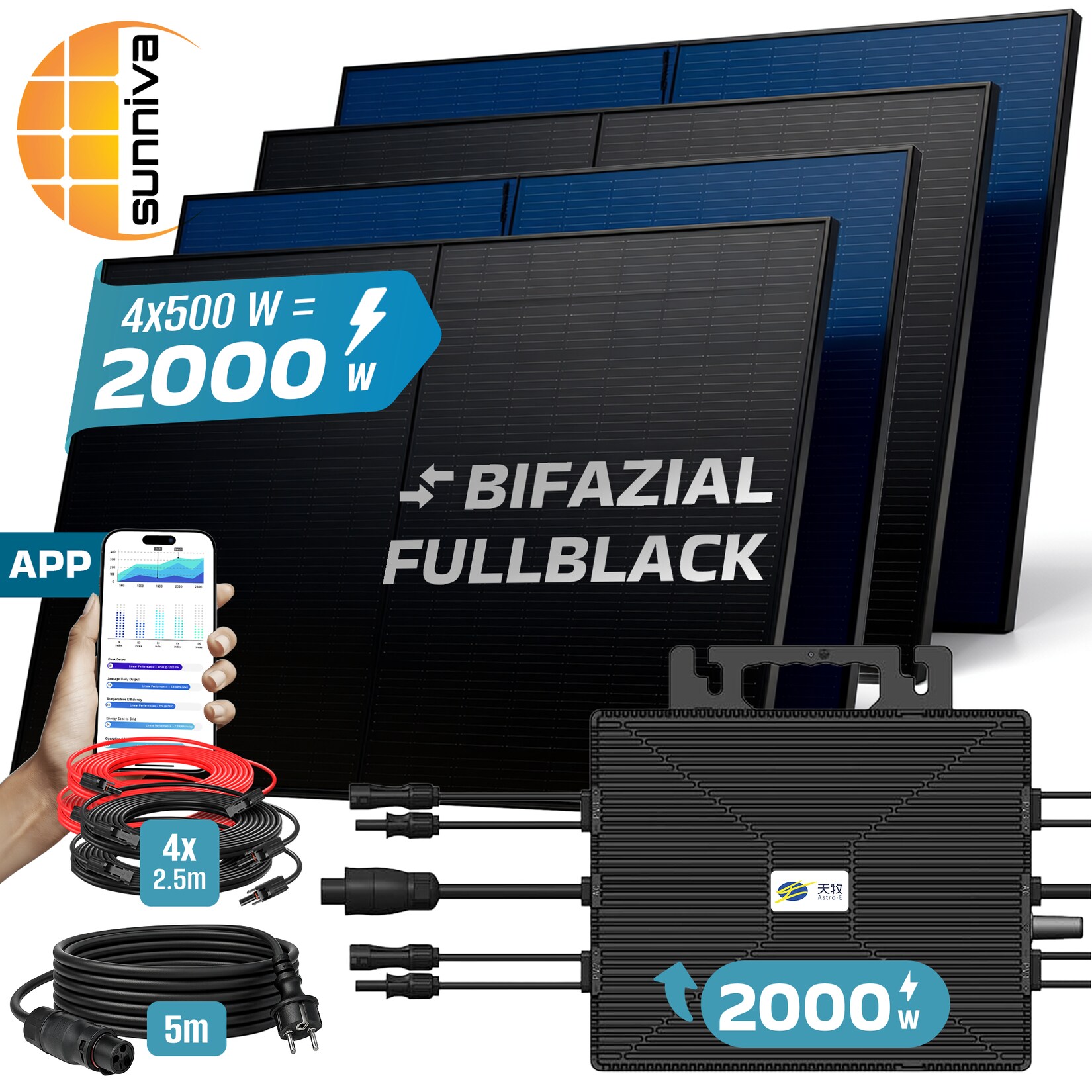 ® 2000W Balkonkraftwerk BIFAZIAL FULLBLACK komplett Steckdose ASTRO-E 2000 Watt Wechselrichter, PV Solaranlage Komplettset, 4x 500W N-Type Glas-Glas Bifacial Solarmodule, 5m Kabel & 4x 2.5m Solarkabel