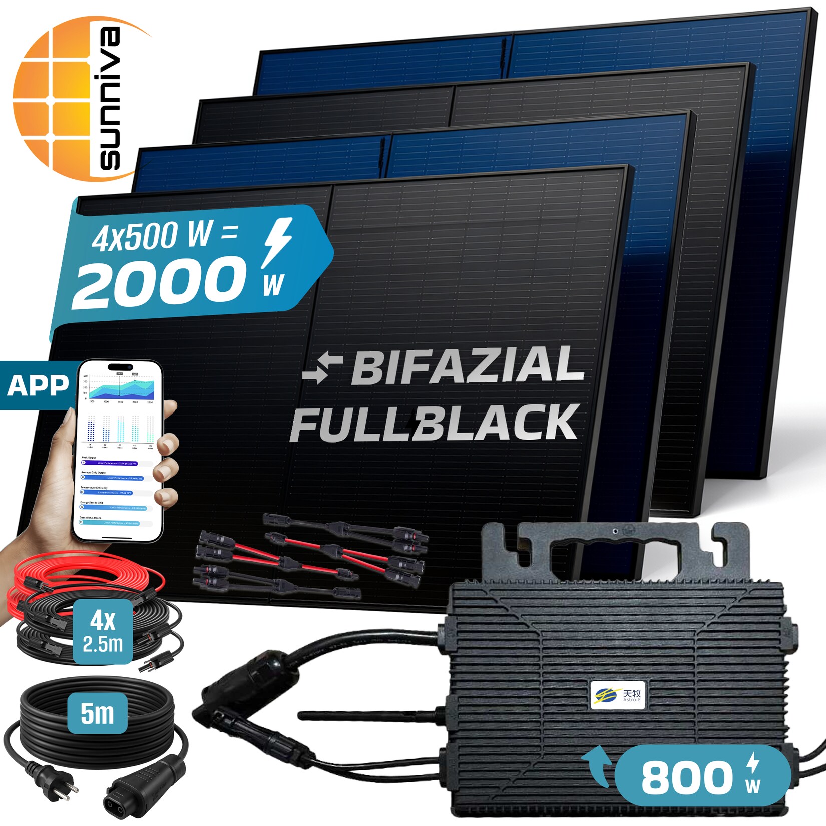 ® 2000W Balkonkraftwerk BIFAZIAL FULLBLACK komplett Steckdose ASTRO-E 800 Watt Wechselrichter, PV Solaranlage Komplettset, 4x 500W N-Type Glas-Glas Bifacial Solarmodule, 5m Kabel & 4x 2.5m Solarkabel