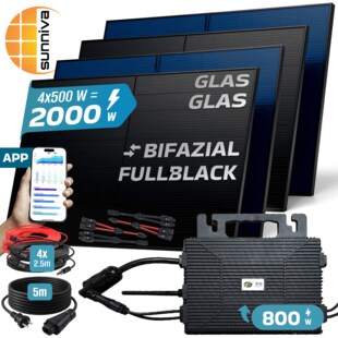 SUNNIVA® 2000W Balkonkraftwerk BIFAZIAL FULLBLACK komplett Steckdose ASTRO-E 800 Watt Wechselrichter, PV Solaranlage Komplettset, 4x 500W N-Type Glas-Glas Bifacial Solarmodule, 5m Kabel & 4x 2.5m Solarkabel 
