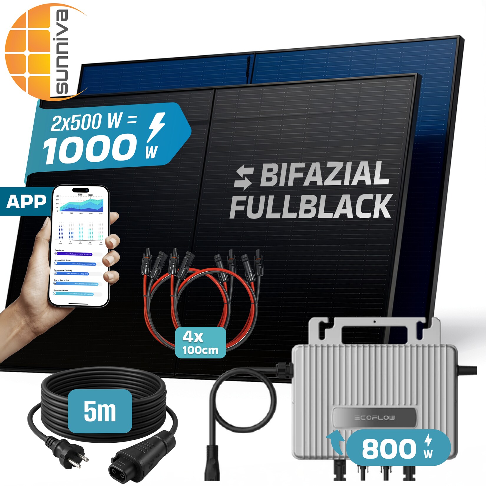 ® 1000W Balkonkraftwerk BIFAZIAL FULLBLACK komplett Steckdose ECOFLOW 800 Watt Wechselrichter, PV Solaranlage Komplettset, 2x 500W N-Type Glas-Glas Bifacial Solarmodule, 5m Kabel & 4x 1m Solarkabel