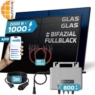 SUNNIVA® 1000W Balkonkraftwerk BIFAZIAL FULLBLACK komplett Steckdose ECOFLOW 800 Watt Wechselrichter, PV Solaranlage Komplettset, 2x 500W N-Type Glas-Glas Bifacial Solarmodule, 5m Kabel & 4x 1m Solarkabel 