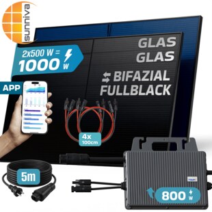 SUNNIVA® 1000W Balkonkraftwerk BIFAZIAL FULLBLACK komplett Steckdose TSUNE 800 Watt Wechselrichter, PV Solaranlage Komplettset, 2x 500W N-Type Glas-Glas Bifacial Solarmodule, 5m Kabel & 4x 1m Solarkabel 